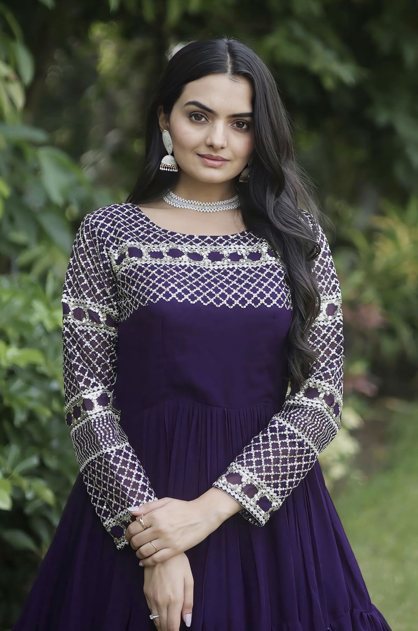 Wine Purple Tiered Gown with Zari & Sequin Embroidery and 12 Meter Flair