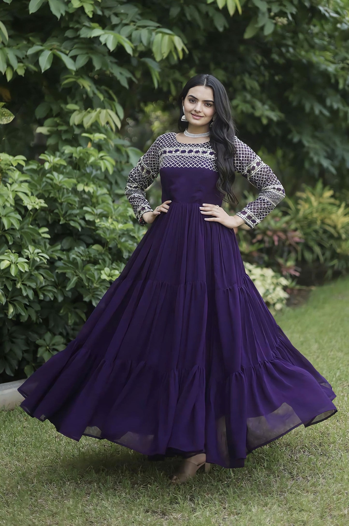 Wine Purple Tiered Gown with Zari & Sequin Embroidery and 12 Meter Flair
