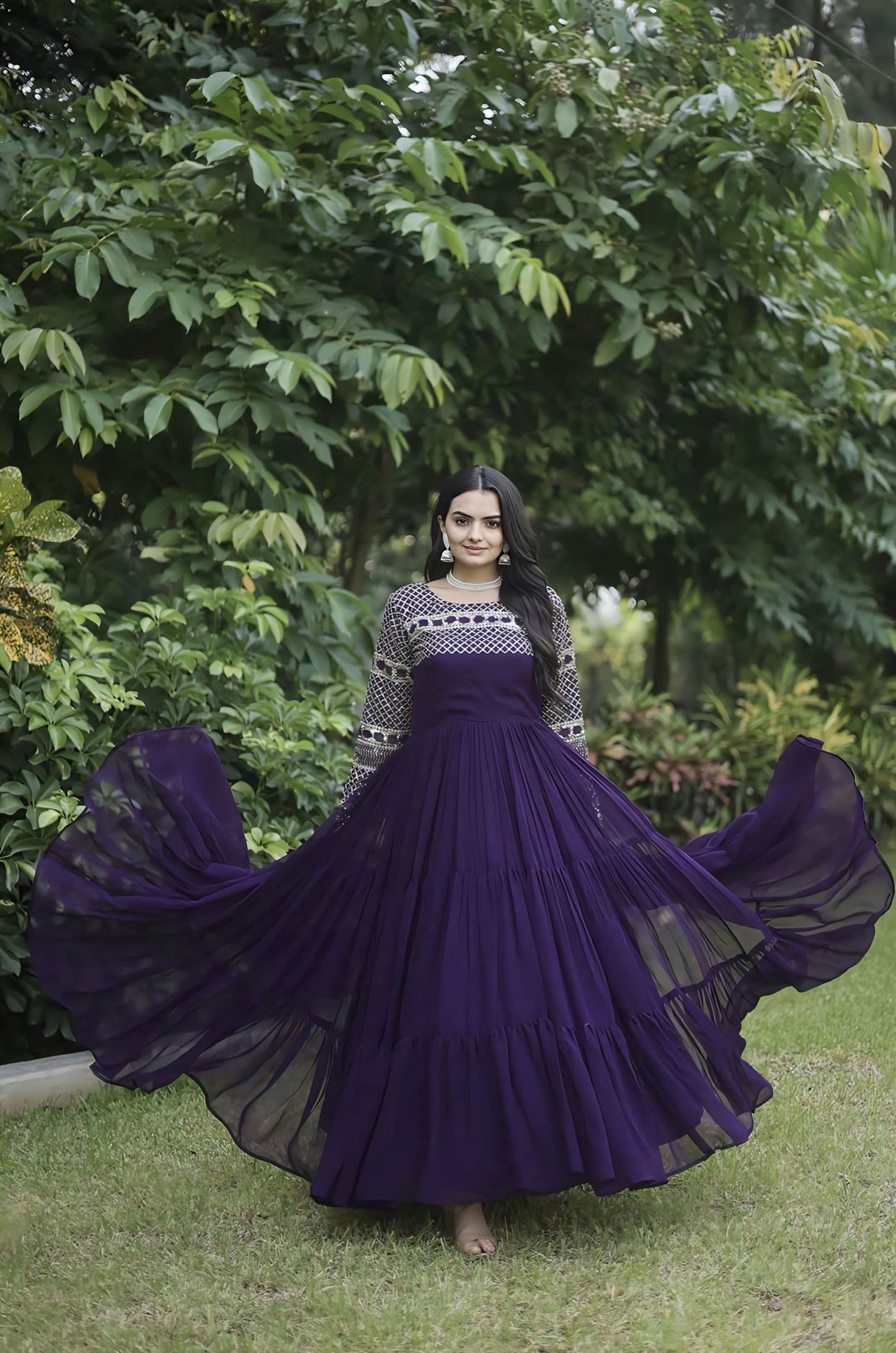 Wine Purple Tiered Gown with Zari & Sequin Embroidery and 12 Meter Flair