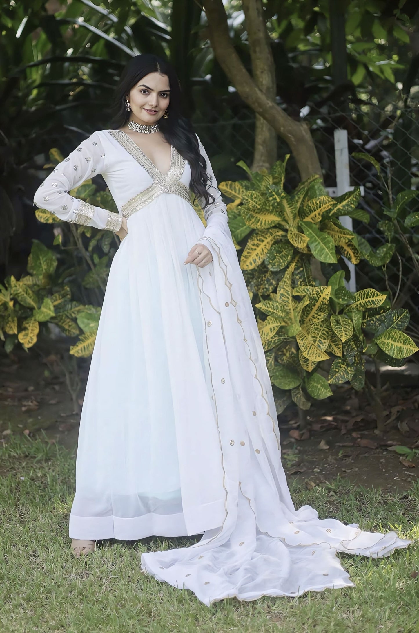 White Faux Blooming Gown with Zari Sequin Embroidery & Embroidered Dupatta