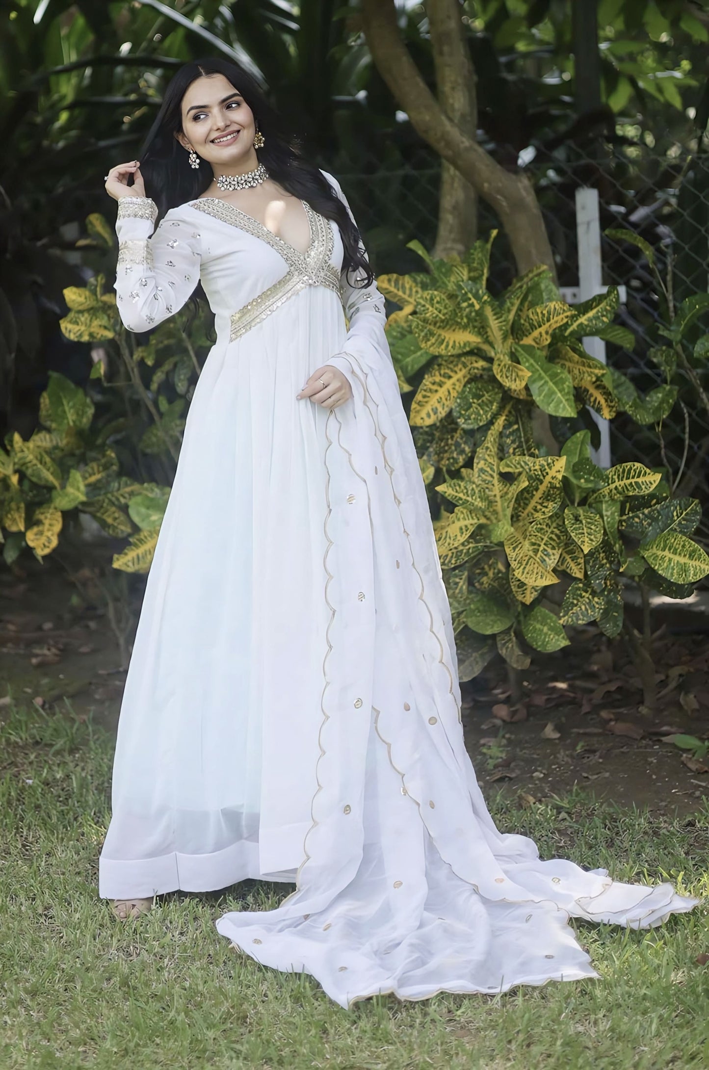 White Faux Blooming Gown with Zari Sequin Embroidery & Embroidered Dupatta