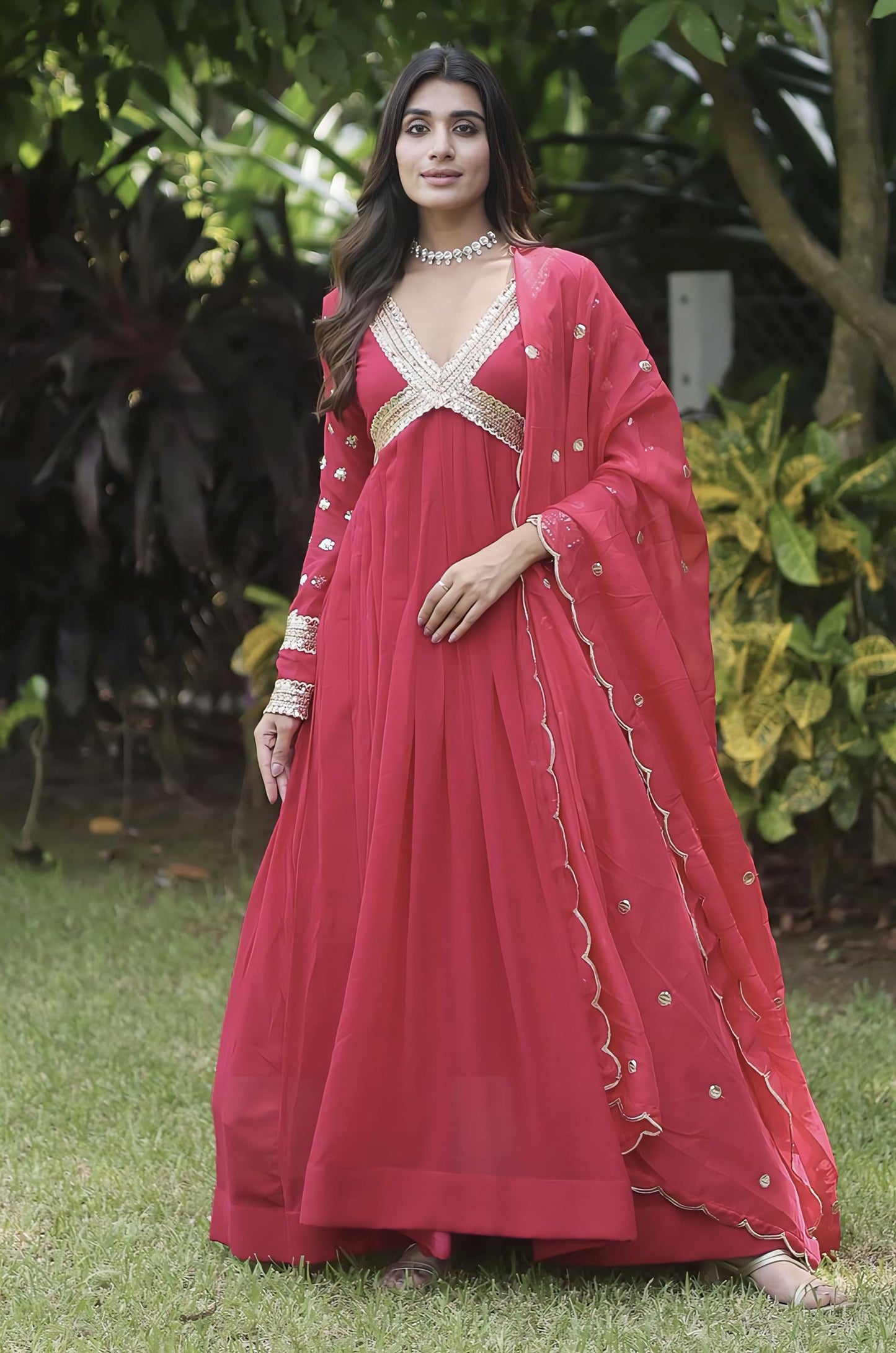 Rani Pink Faux Blooming Gown with Zari Sequin Embroidery & Embroidered Dupatta
