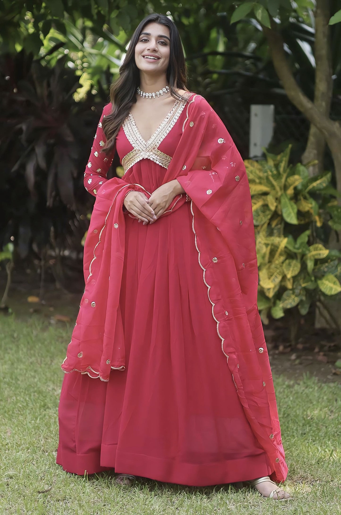 Rani Pink Faux Blooming Gown with Zari Sequin Embroidery & Embroidered Dupatta