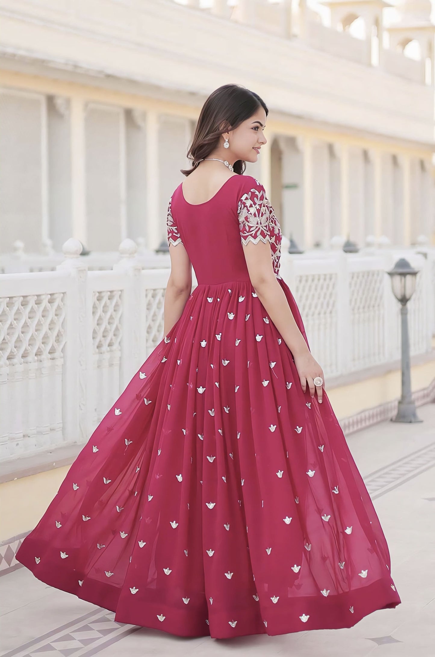 Hot Pink Georgette Gown with Sequins Embroidered Bodice & Silver Motifs