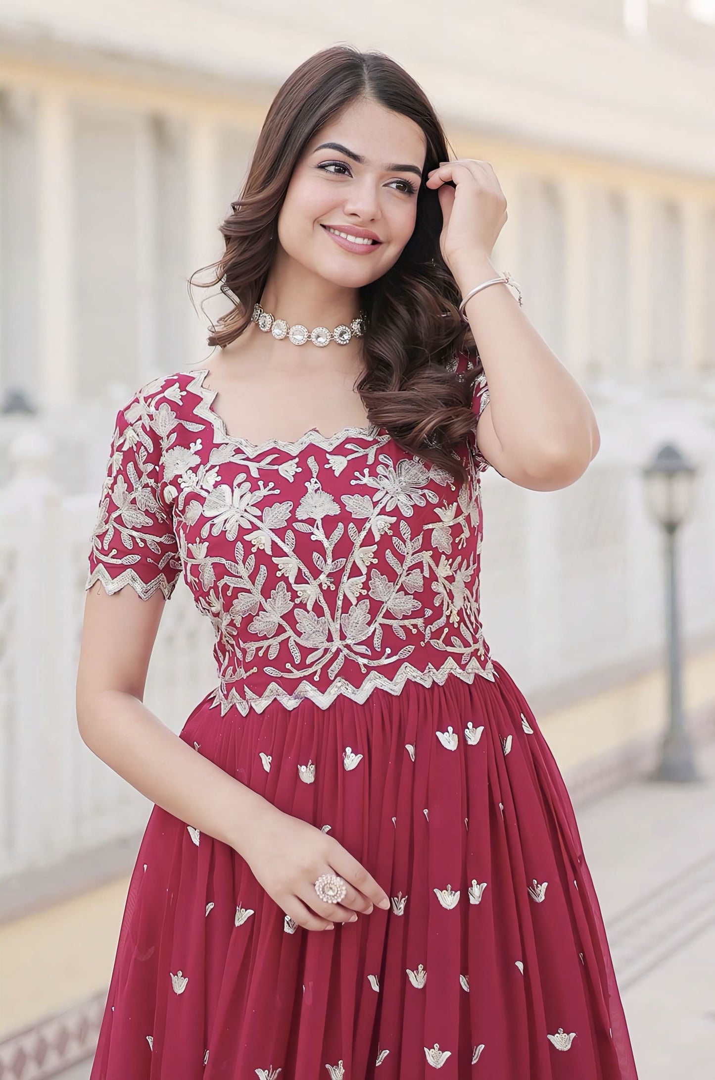 Hot Pink Georgette Gown with Sequins Embroidered Bodice & Silver Motifs