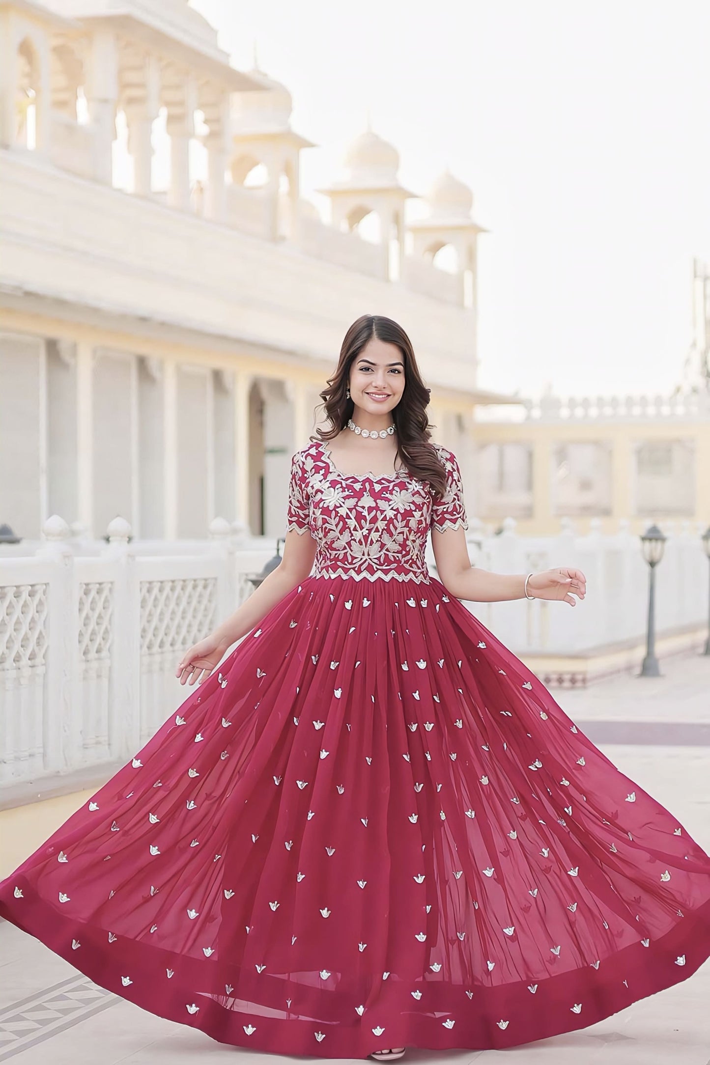 Hot Pink Georgette Gown with Sequins Embroidered Bodice & Silver Motifs