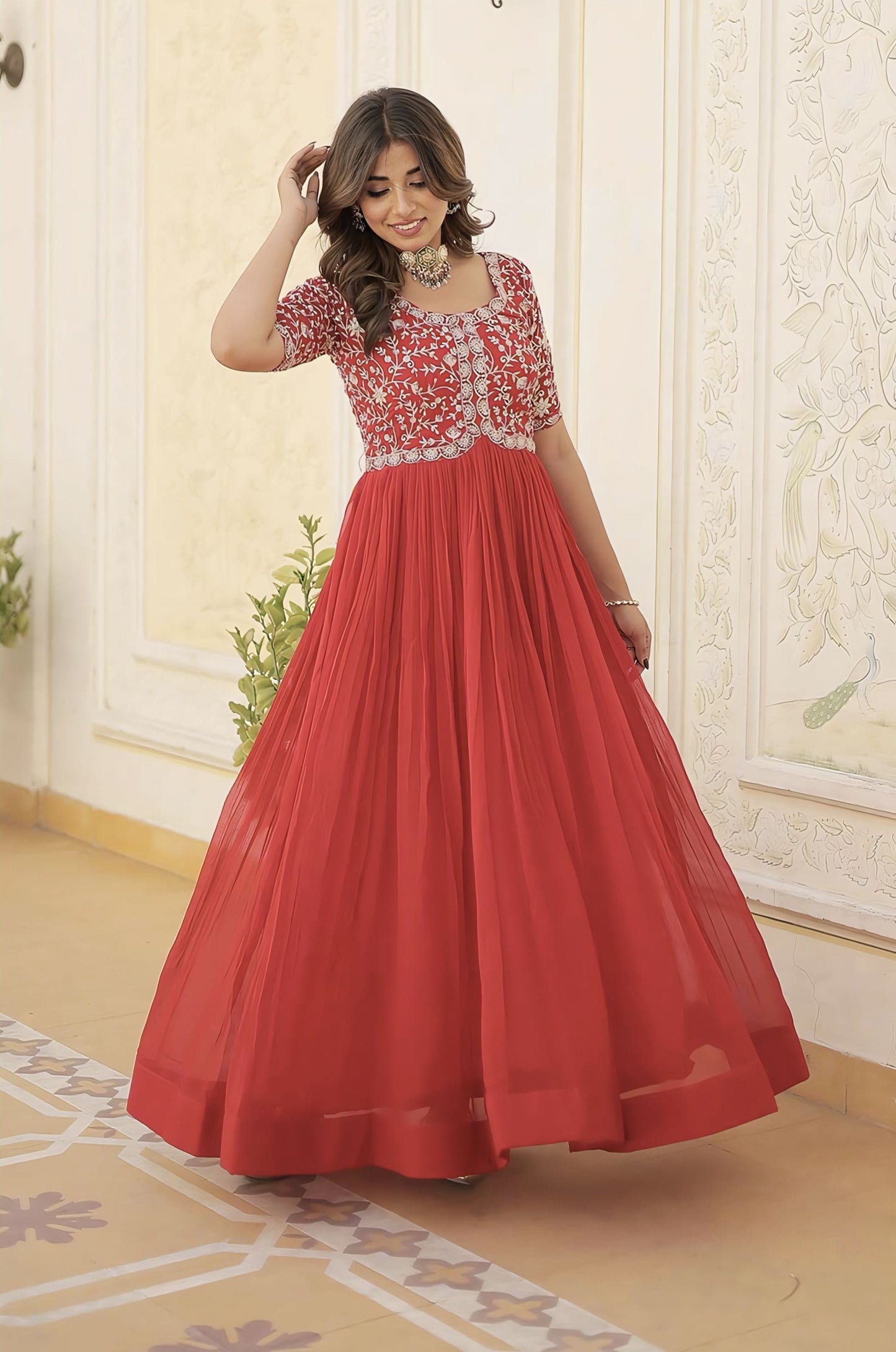 Red Faux Blooming Gown with Zari Sequin Embroidery & Round Neck