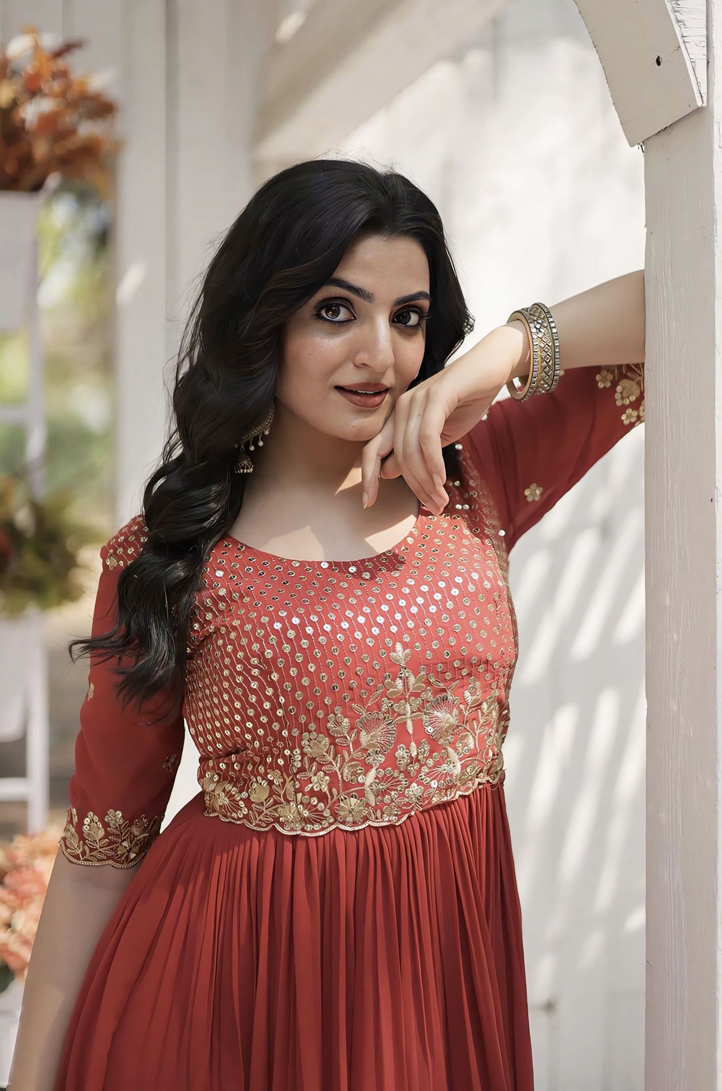 Orange Faux Blooming Gown with Zari Sequin Embroidery & Fancy Round Neck