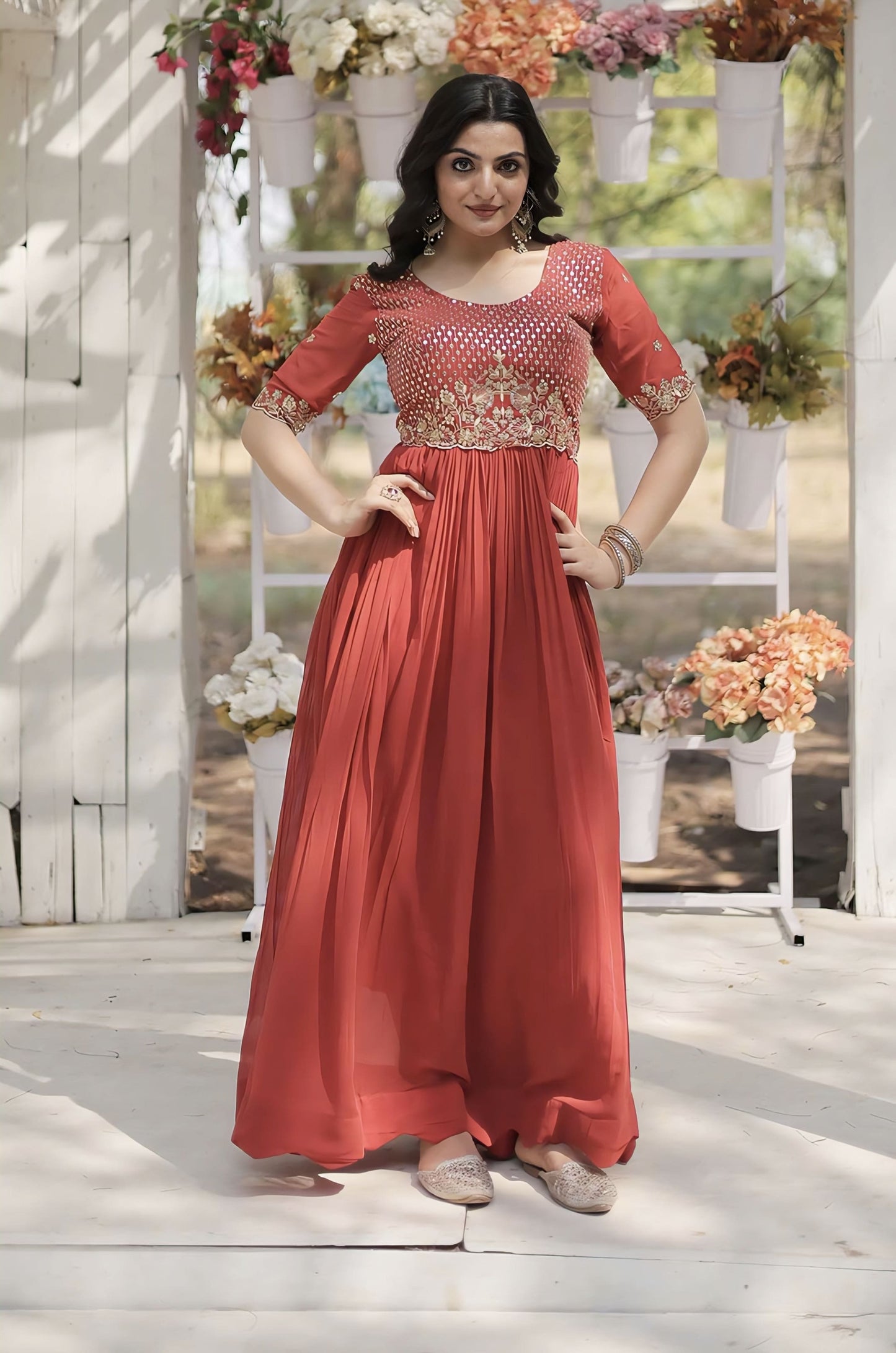 Orange Faux Blooming Gown with Zari Sequin Embroidery & Fancy Round Neck