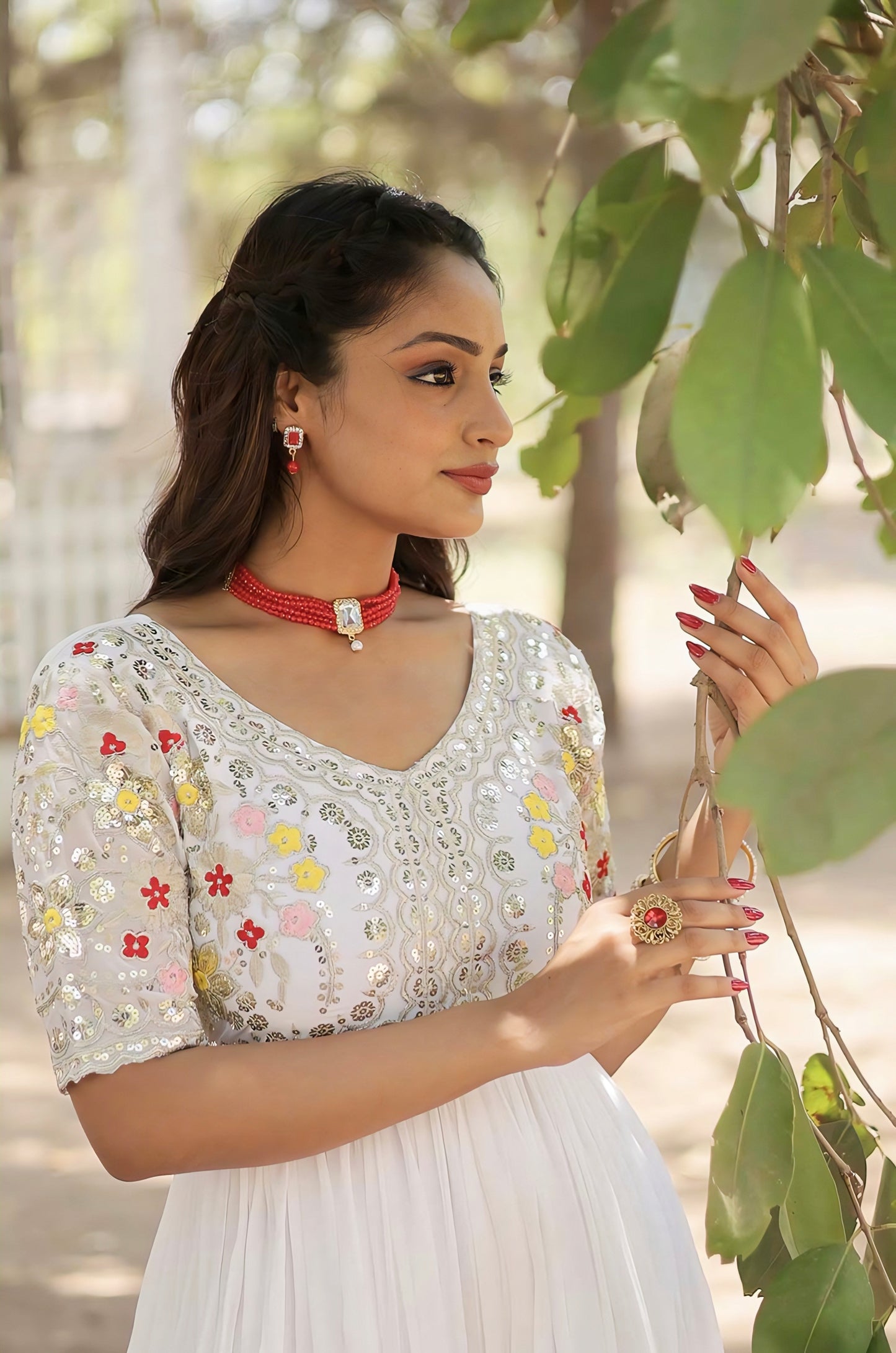 White Faux Blooming Gown with Zari Sequin Embroidery & Fancy V Neck