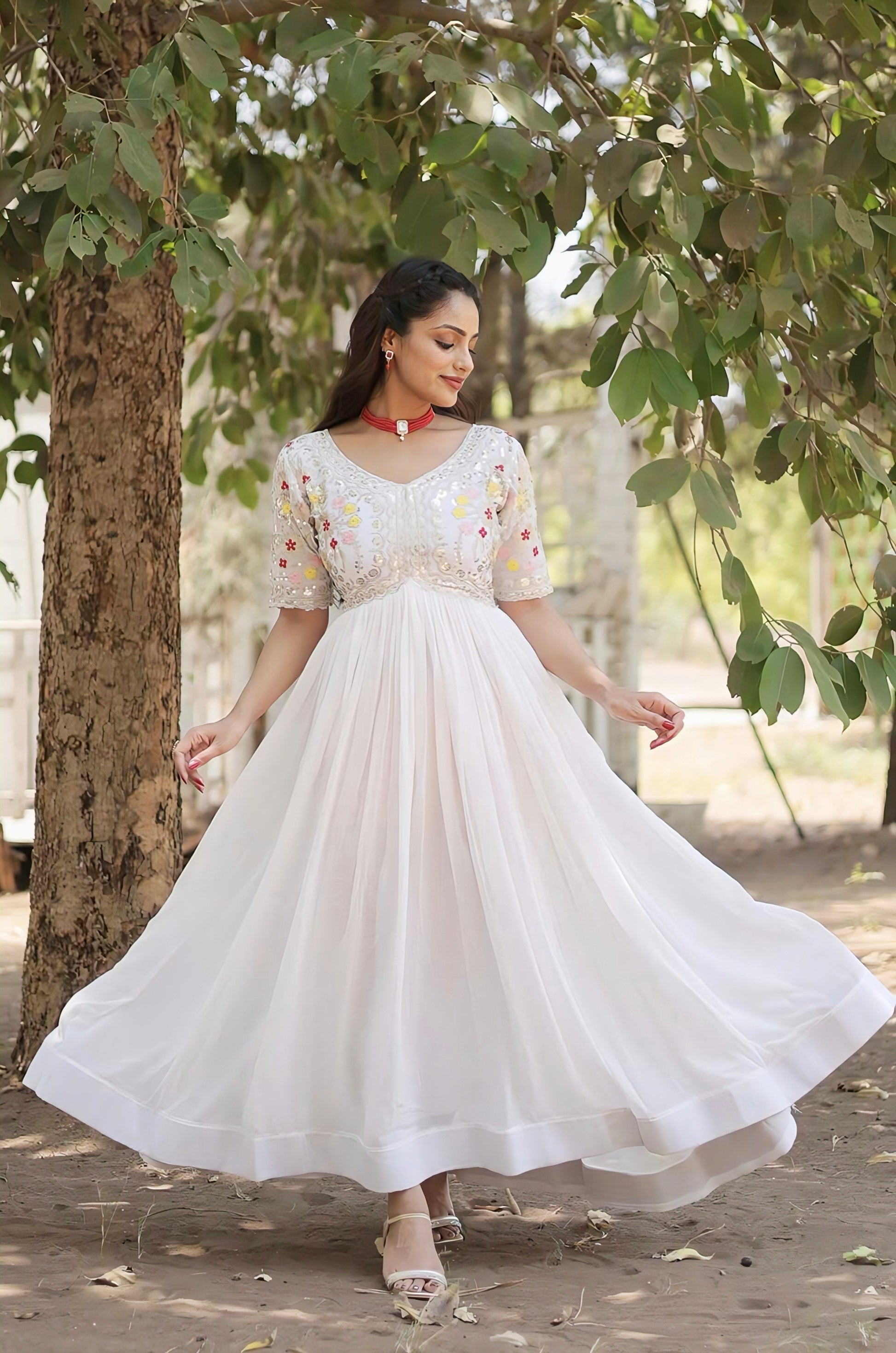 White faux blooming gown with zari sequins embroidery, fancy V-neck, half sleeves, and cotton lining for festive, party, and wedding wear