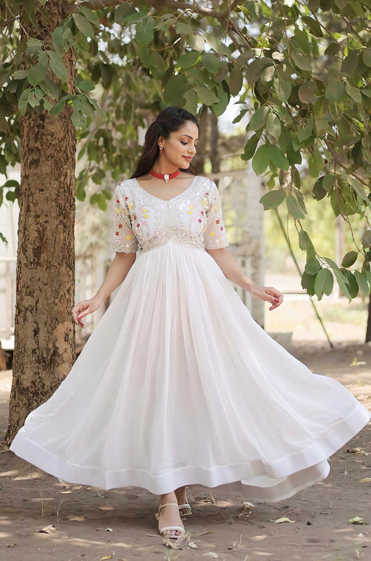 White faux blooming gown with zari sequins embroidery, fancy V-neck, half sleeves, and cotton lining for festive, party, and wedding wear