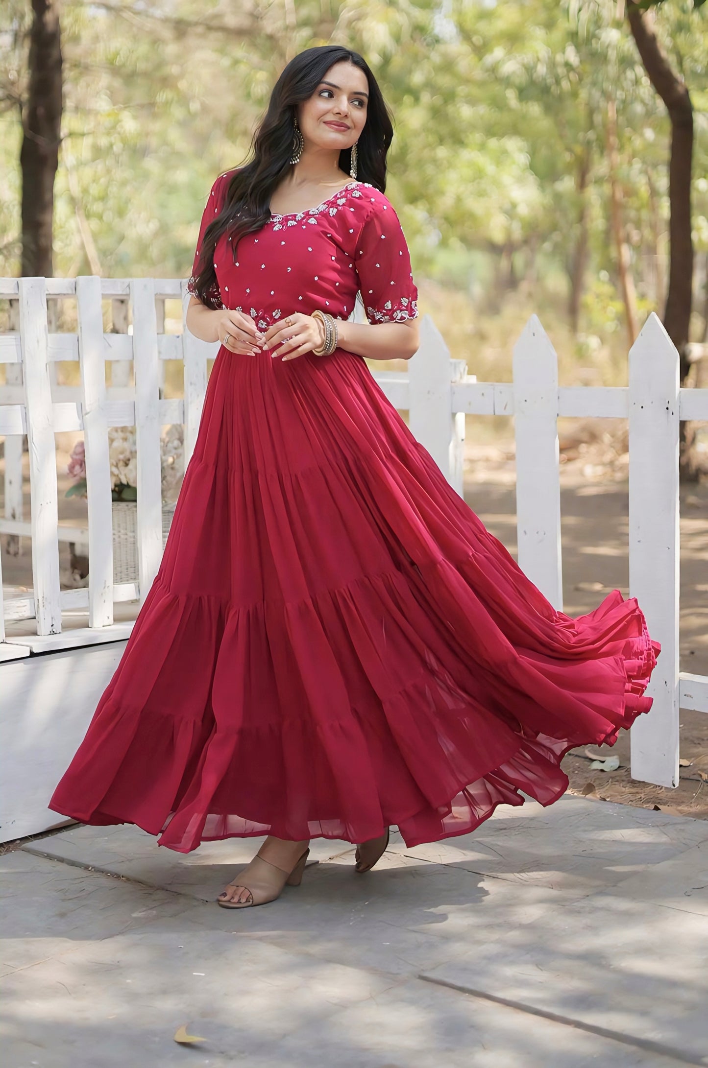 Hot Pink Georgette Gown with Beads Embroidered Bodice & Tiered Ruffle Hem