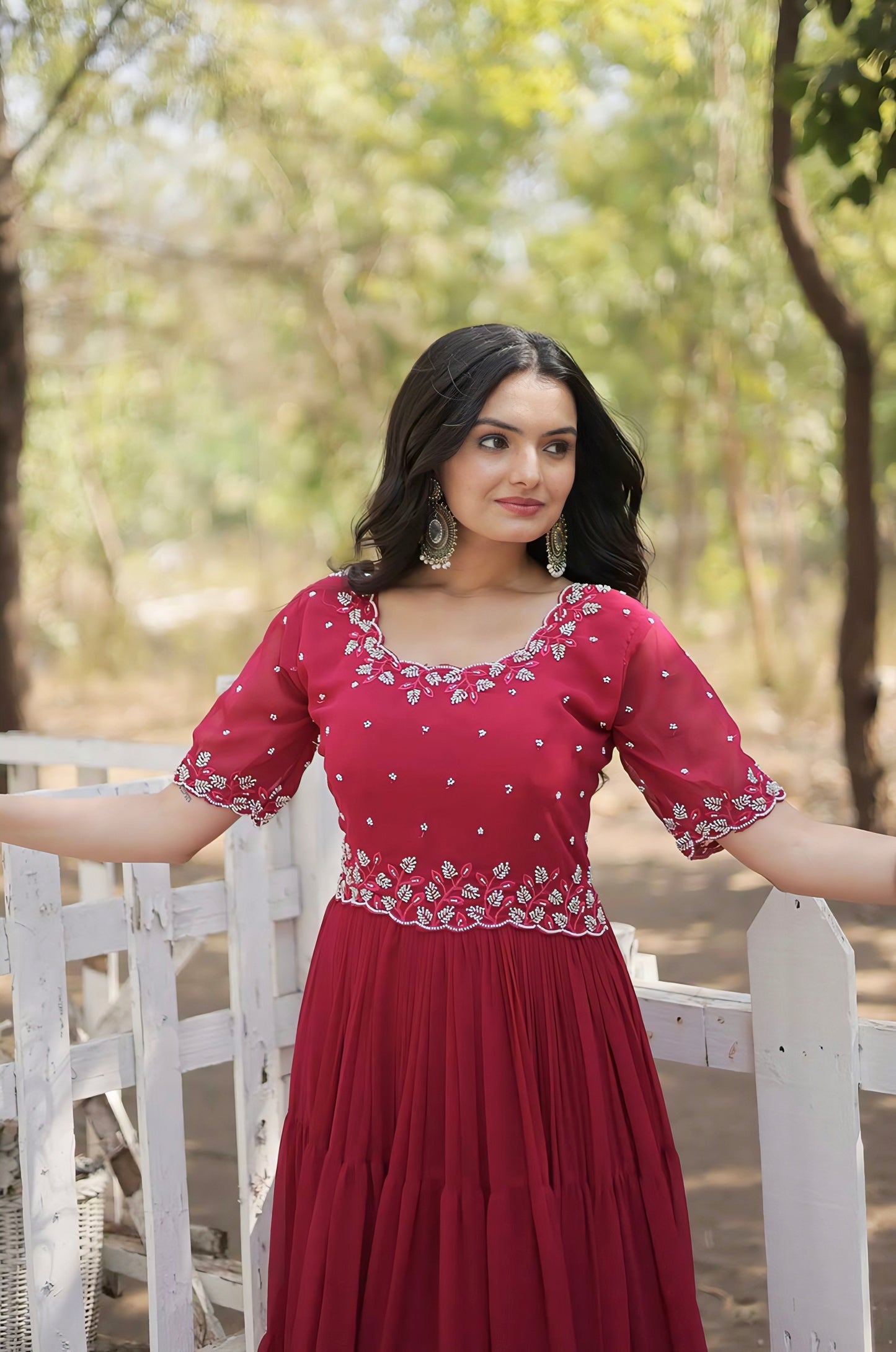 Hot Pink Georgette Gown with Beads Embroidered Bodice & Tiered Ruffle Hem