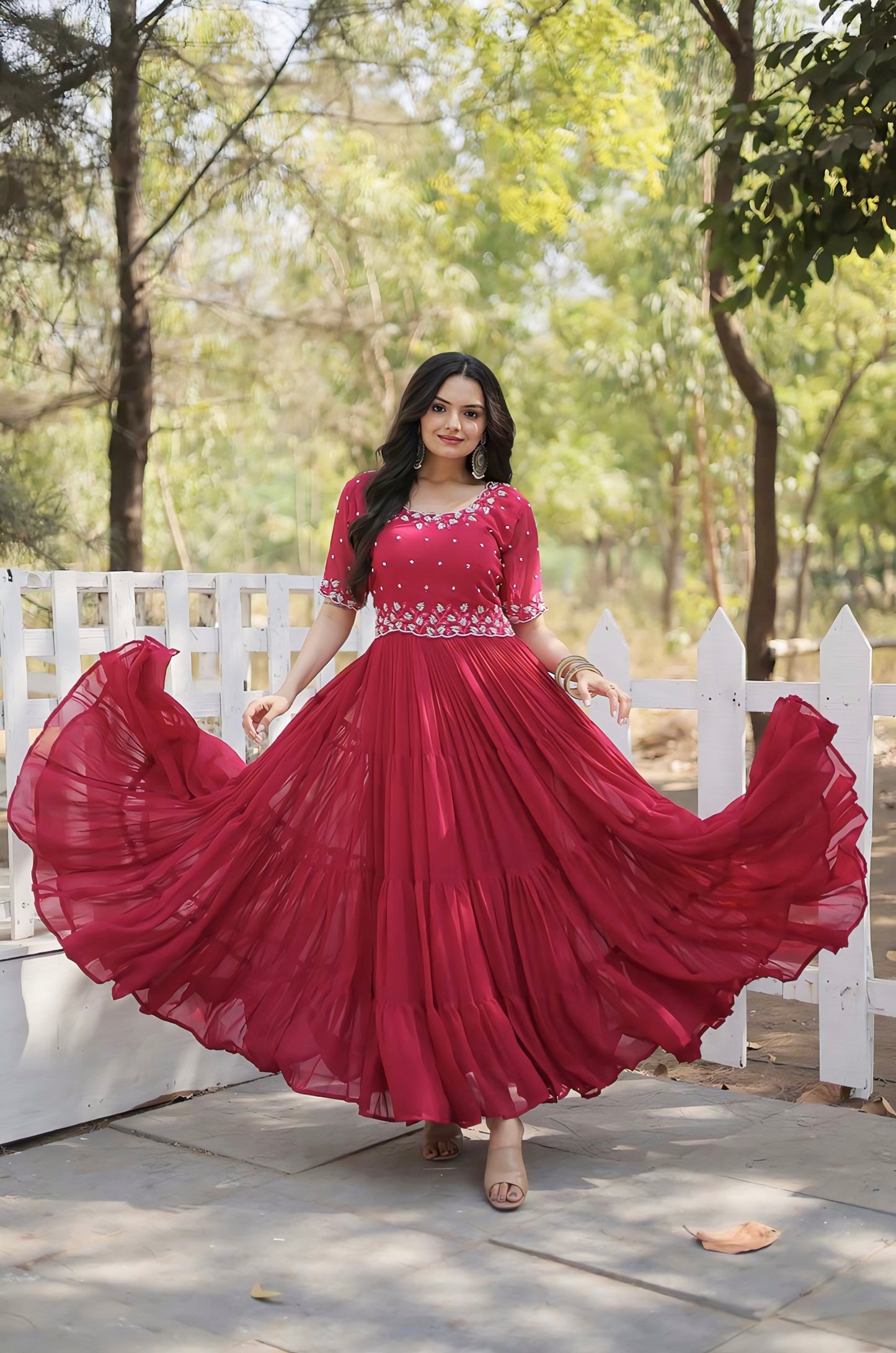 Hot Pink Georgette Gown with Beads Embroidered Bodice & Tiered Ruffle Hem