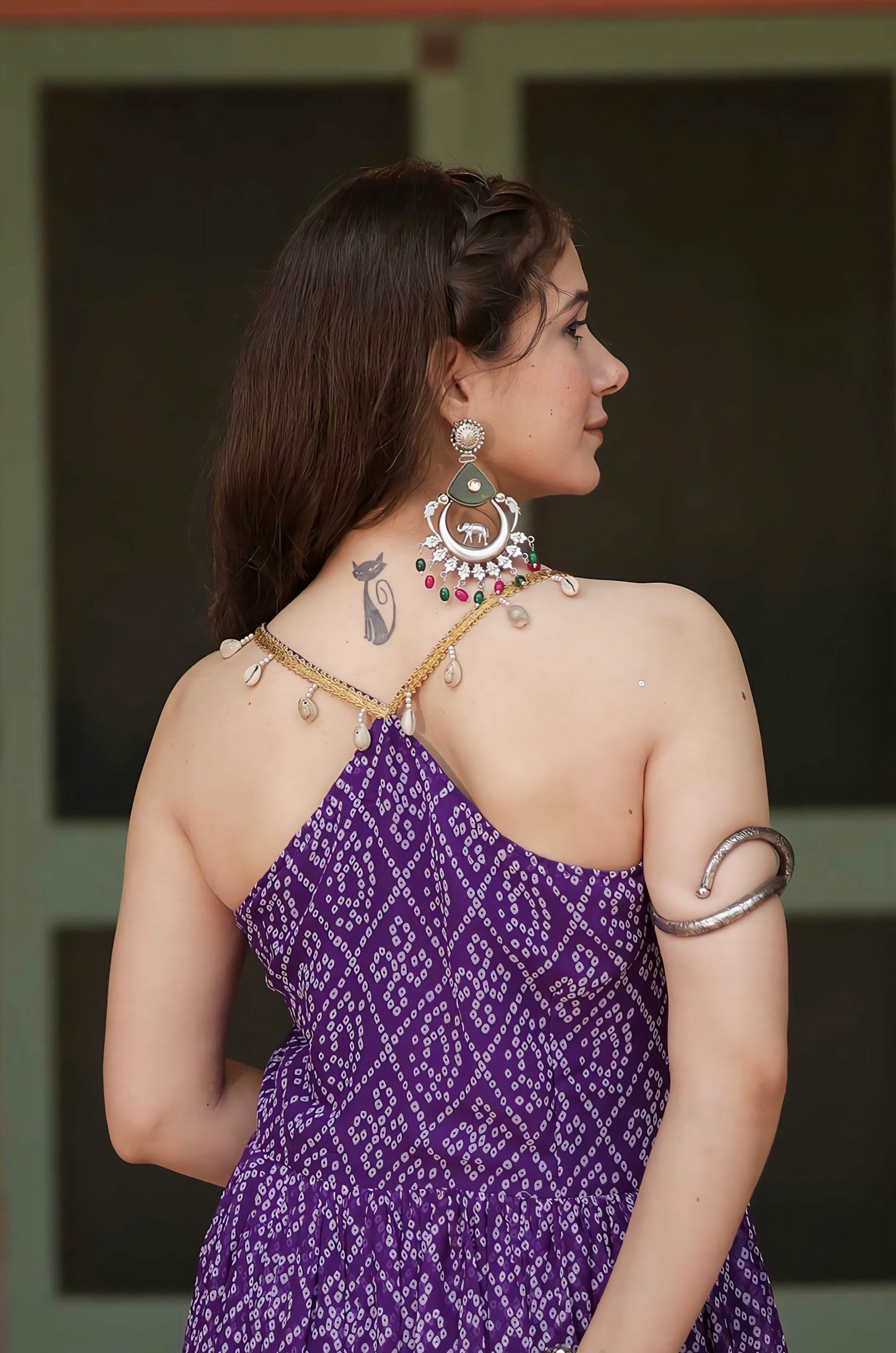 Purple Bandhani Print Georgette Gown with Mirror Work & Embroidered Yoke