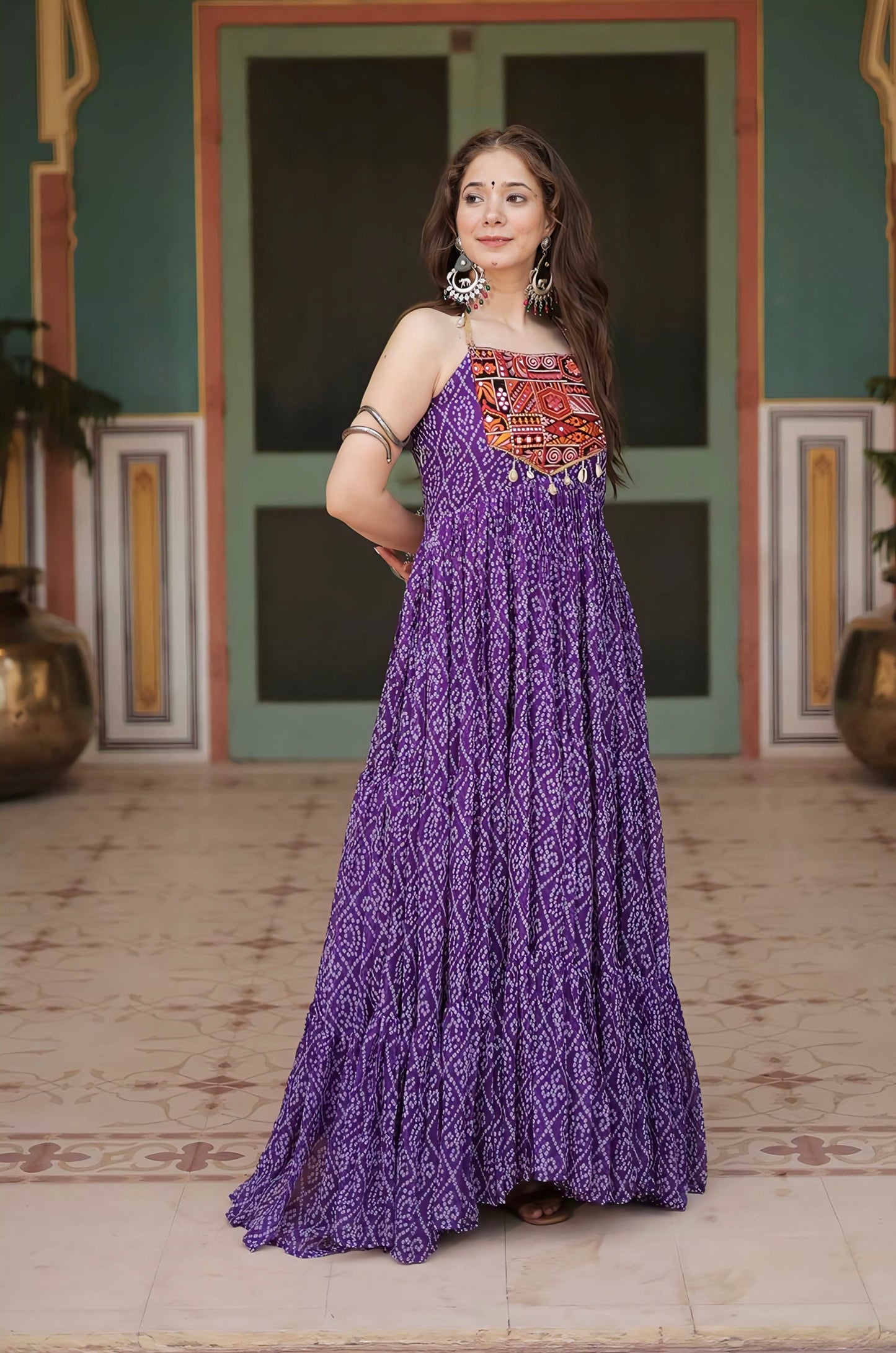 Purple Bandhani Print Georgette Gown with Mirror Work & Embroidered Yoke