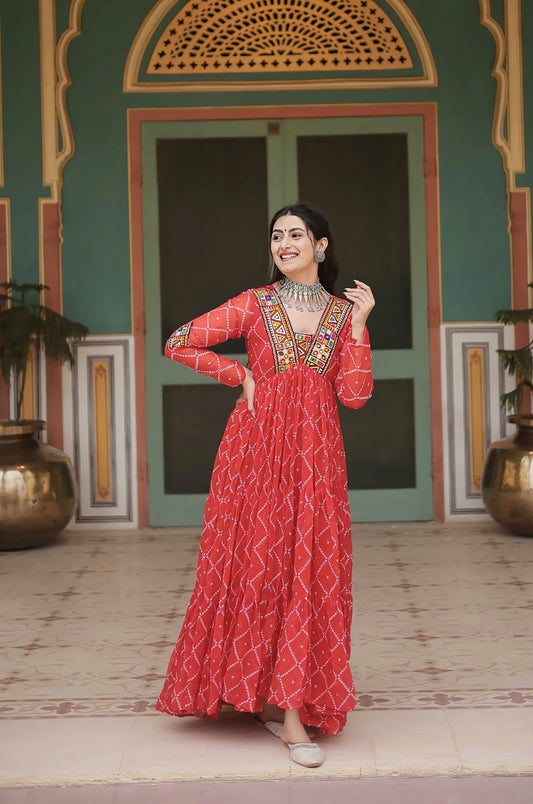 Orange Bandhani Print Georgette Gown with Embellished Kutchi Patchwork Yoke