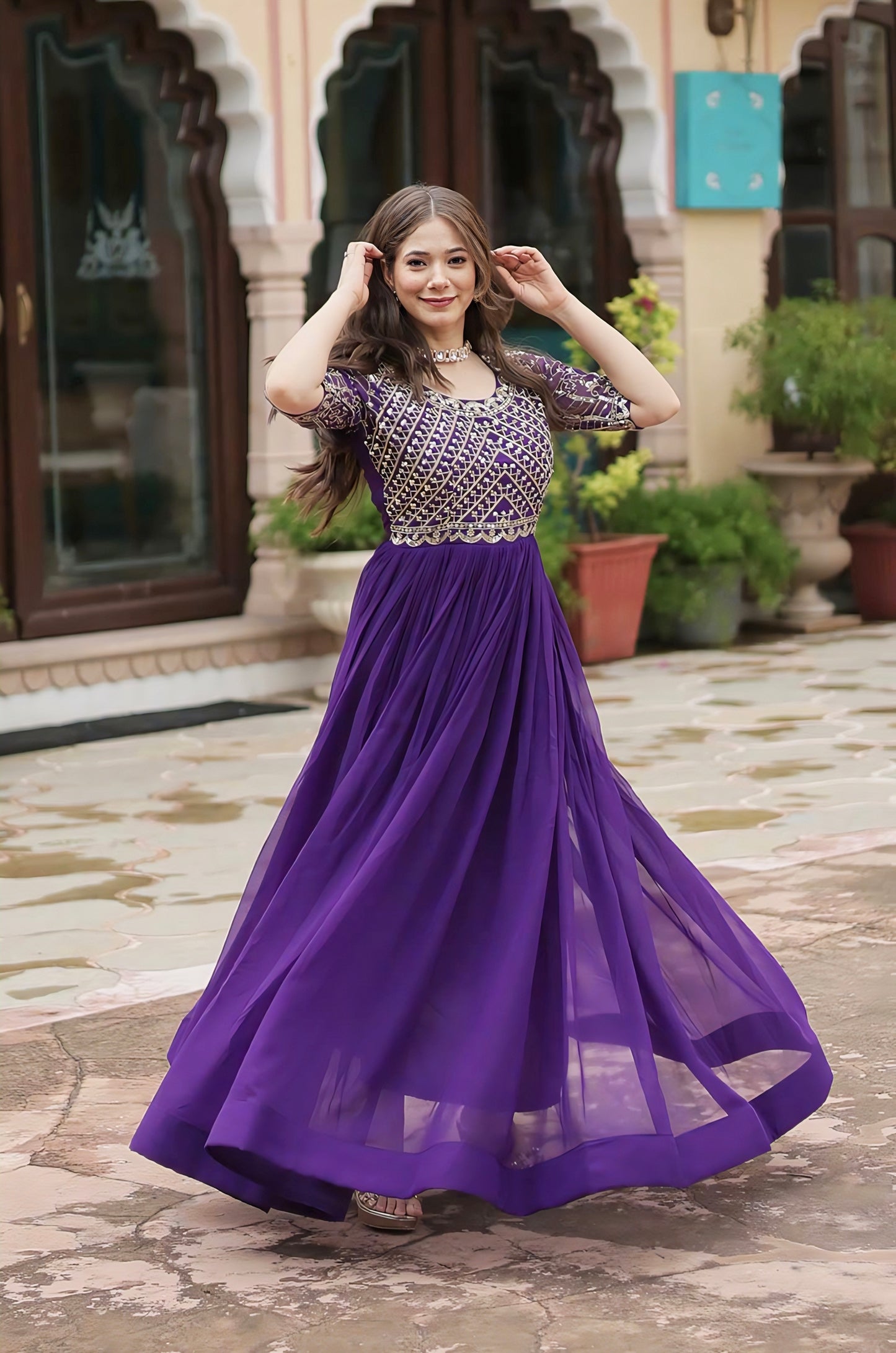 Purple Faux Blooming Gown with Zari Sequin Embroidery & Fancy Round Neck