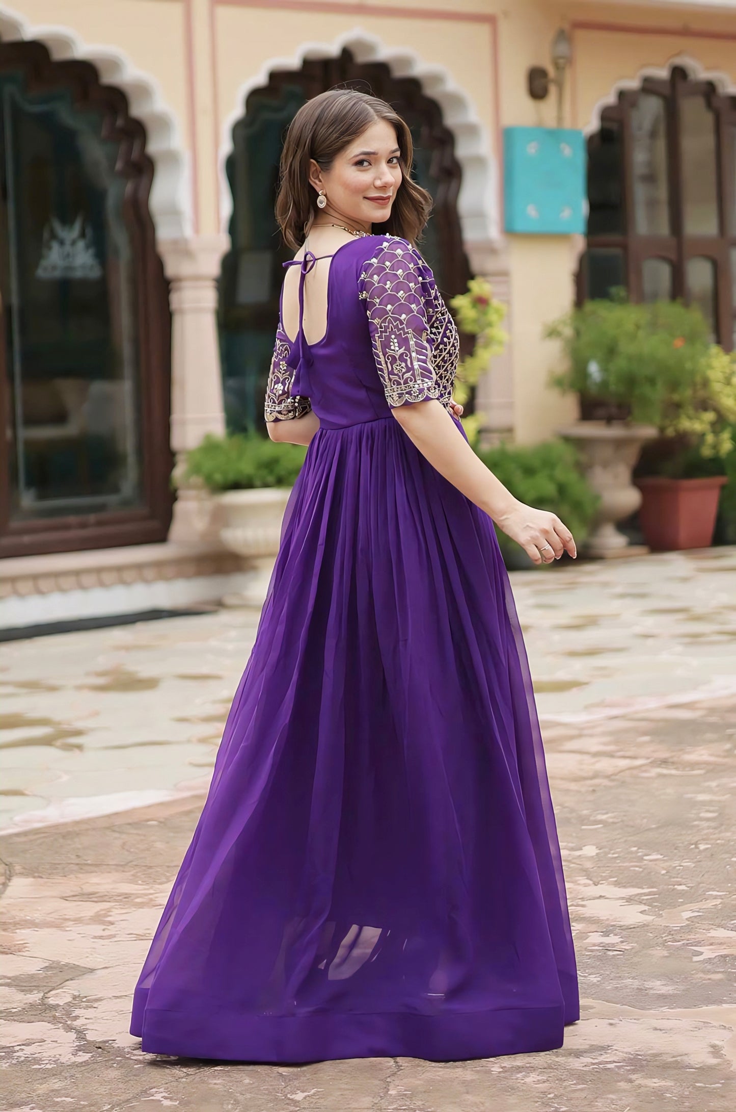 Purple Faux Blooming Gown with Zari Sequin Embroidery & Fancy Round Neck