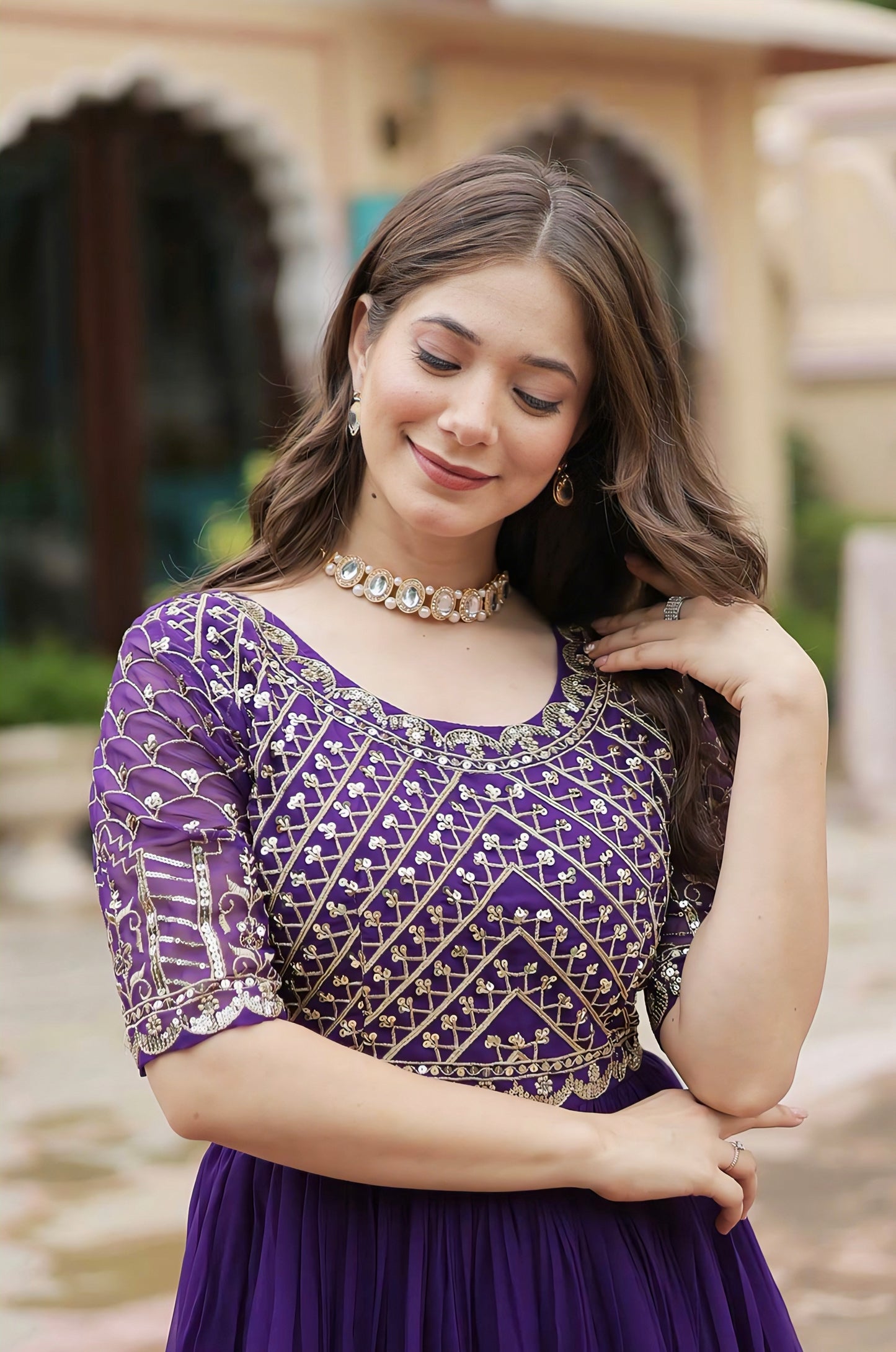 Purple Faux Blooming Gown with Zari Sequin Embroidery & Fancy Round Neck
