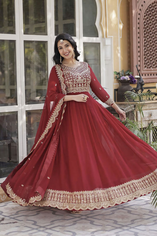 Maroon Georgette Anarkali Gown with Zari Embroidery & Dupatta