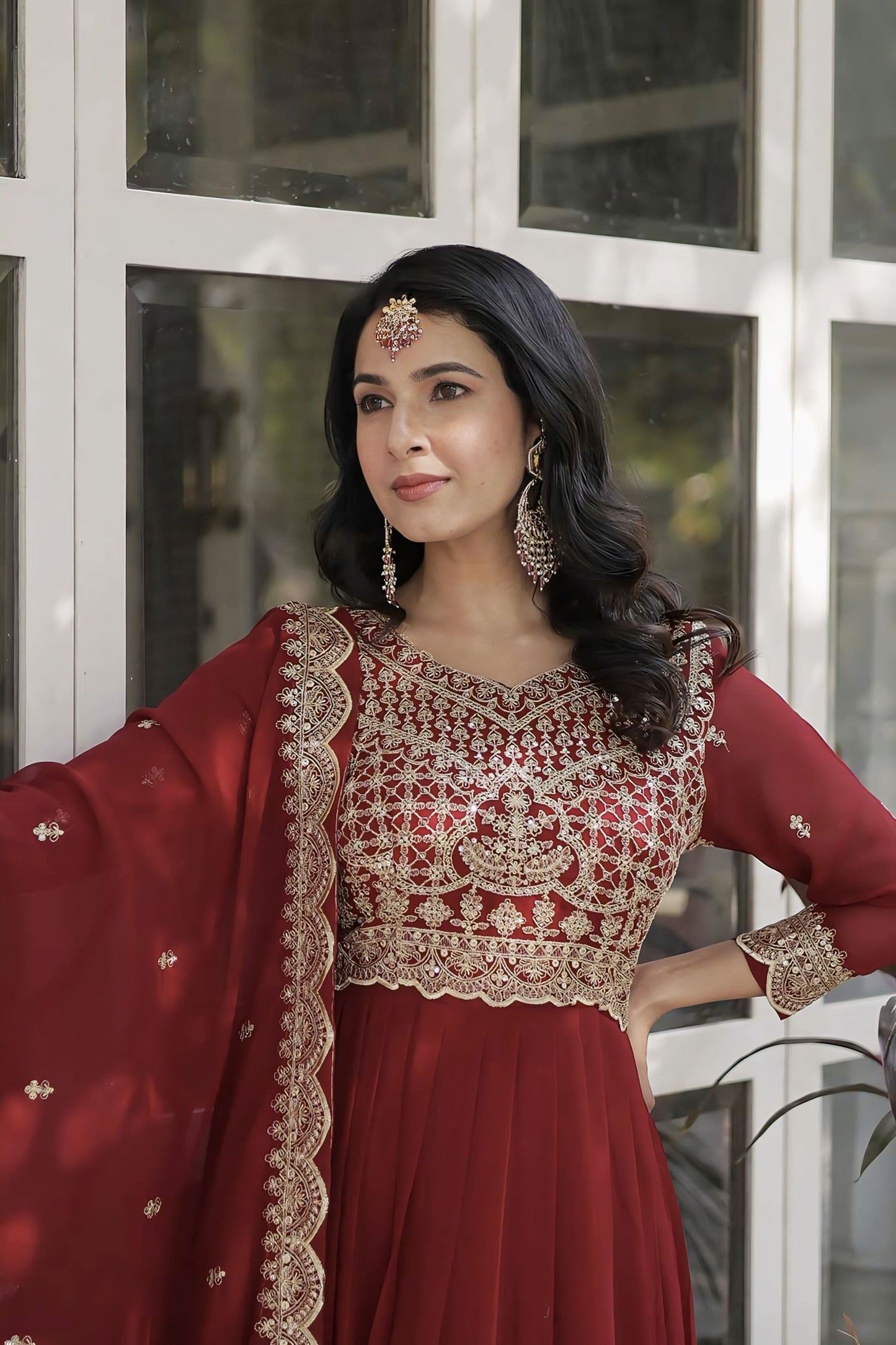 Maroon Georgette Anarkali Gown with Heavy Zari Embroidery & Dupatta