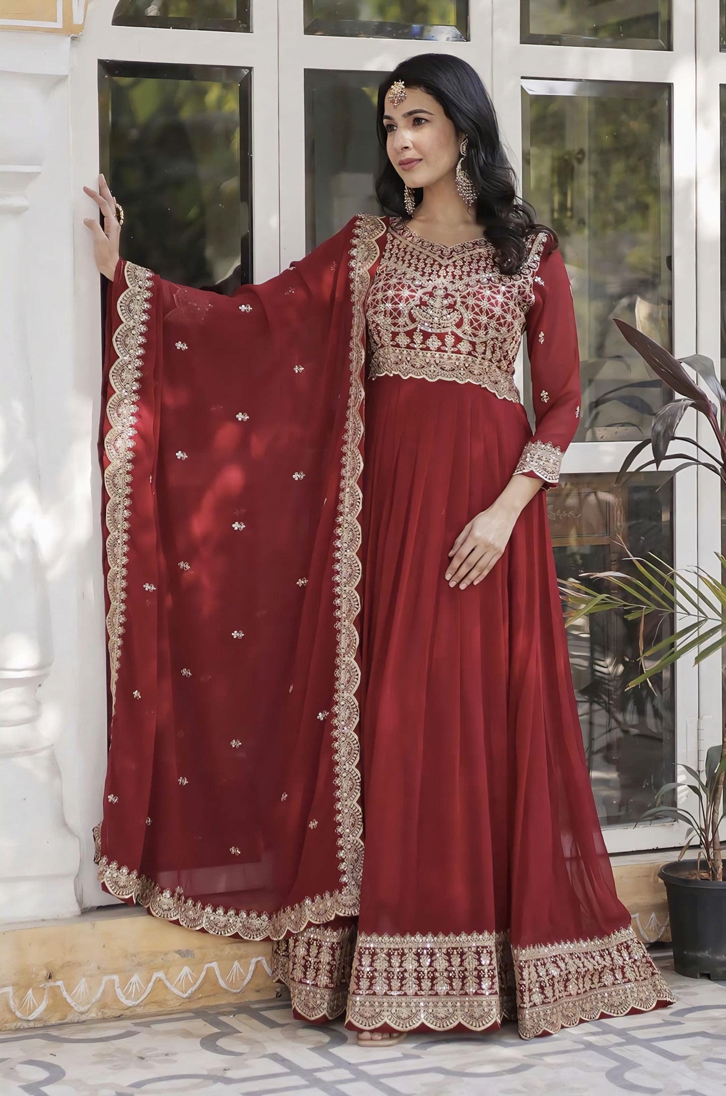 Maroon Georgette Anarkali Gown with Heavy Zari Embroidery & Dupatta