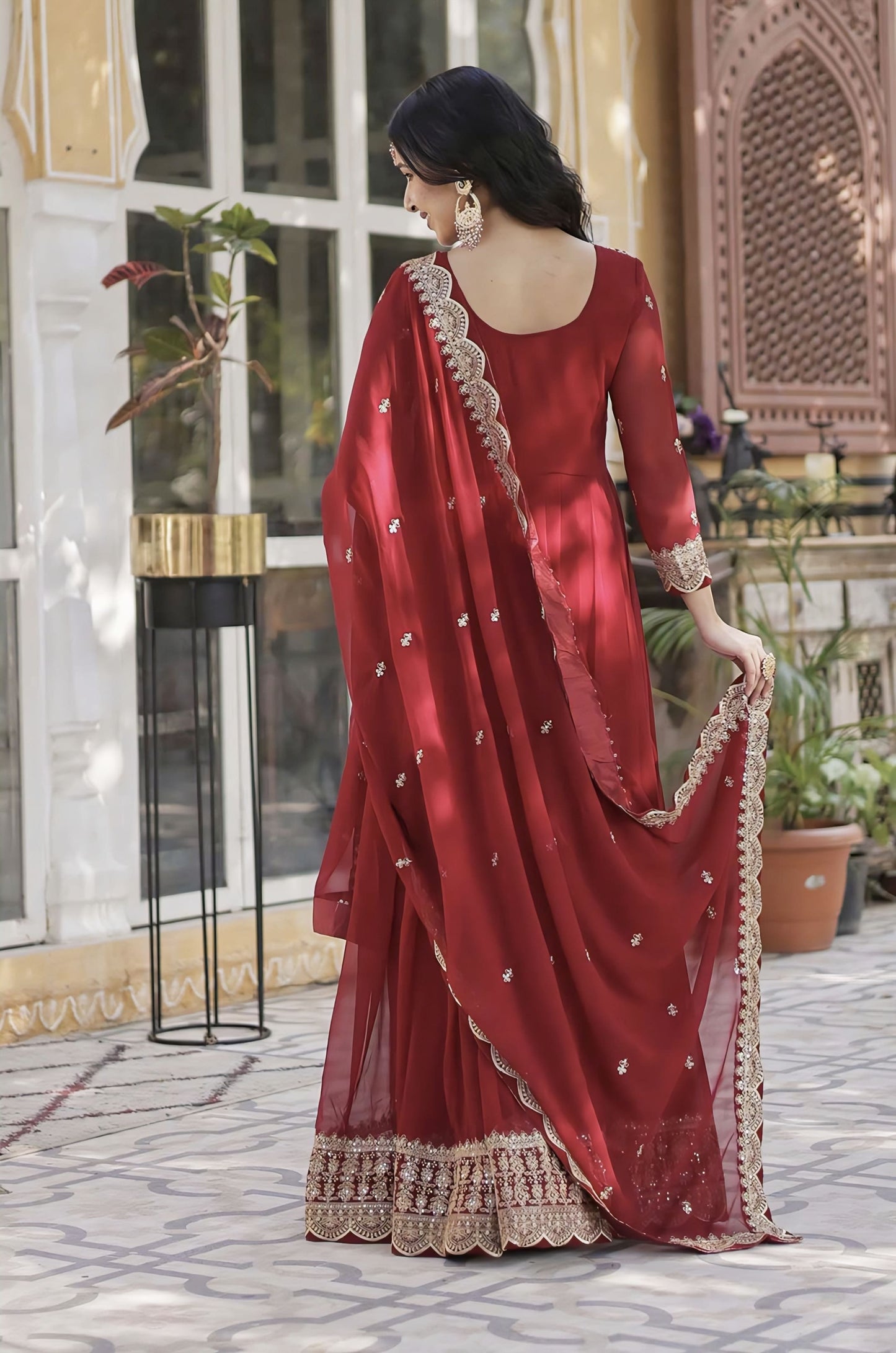 Maroon Georgette Anarkali Gown with Heavy Zari Embroidery & Dupatta