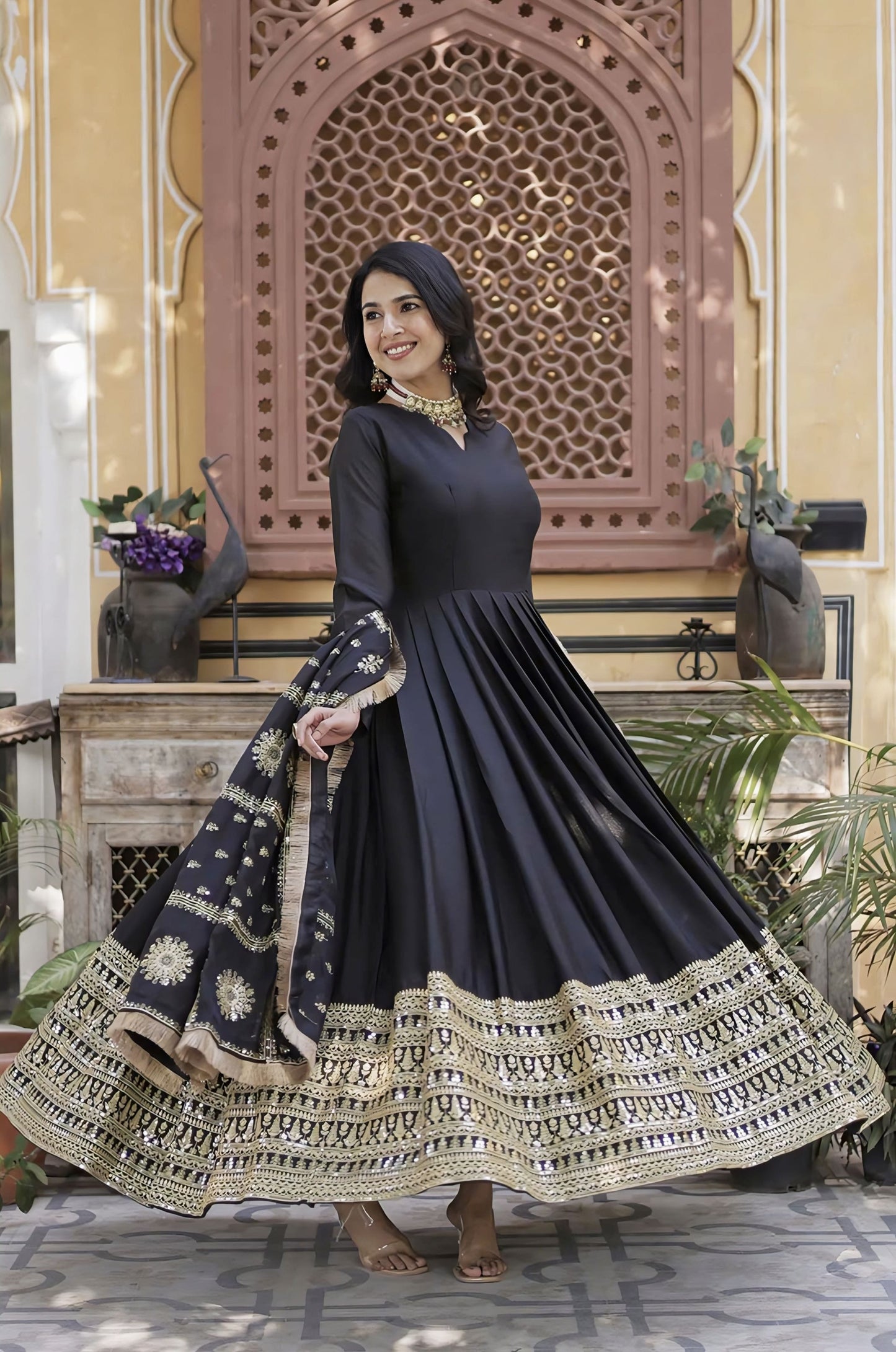 Black Georgette Gown with Gold Zari Mirror Work & Sequins – Rim Zim Fashion