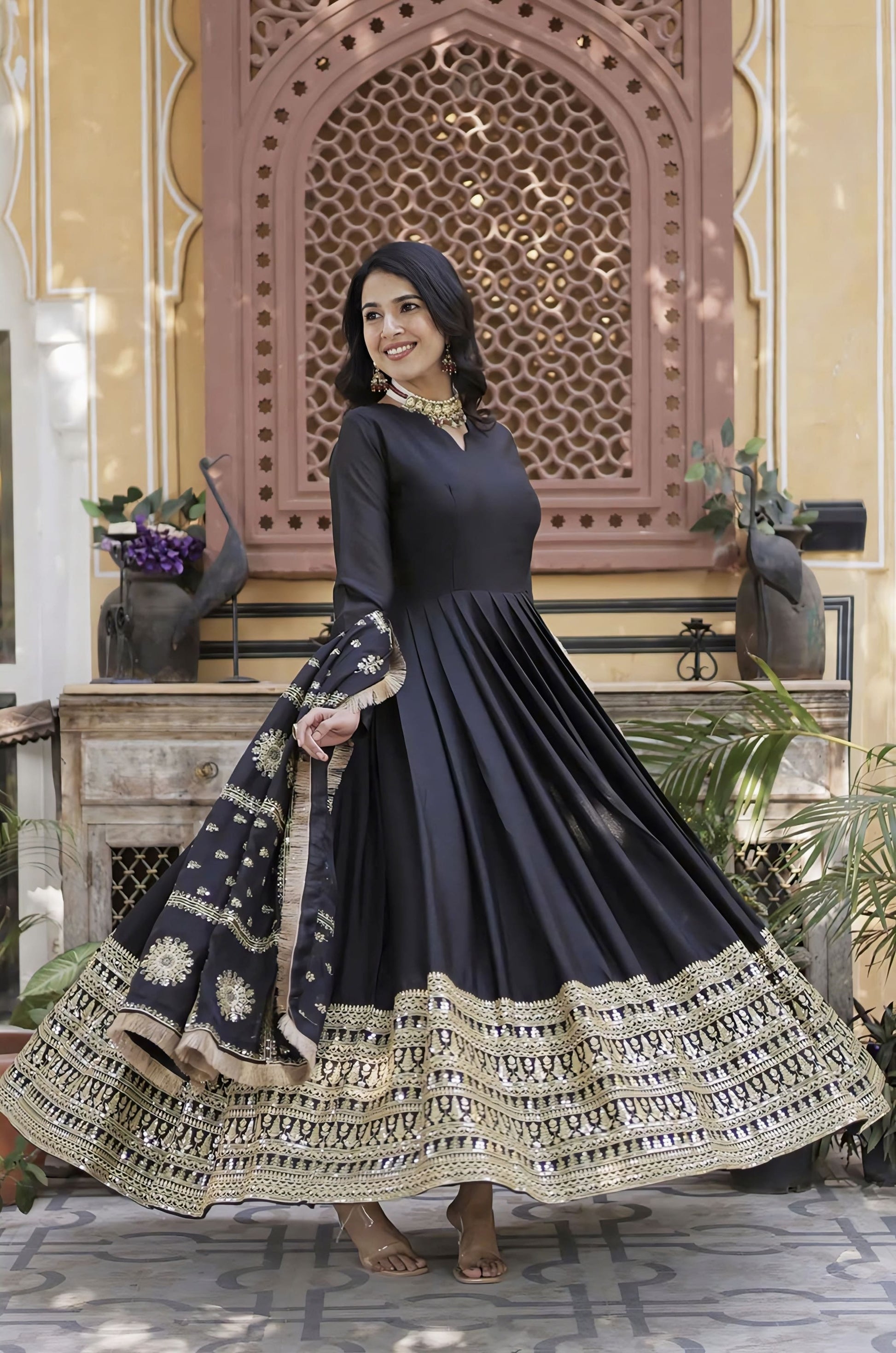 Black Georgette Gown with Gold Zari Mirror Work & Sequins – Rim Zim Fashion