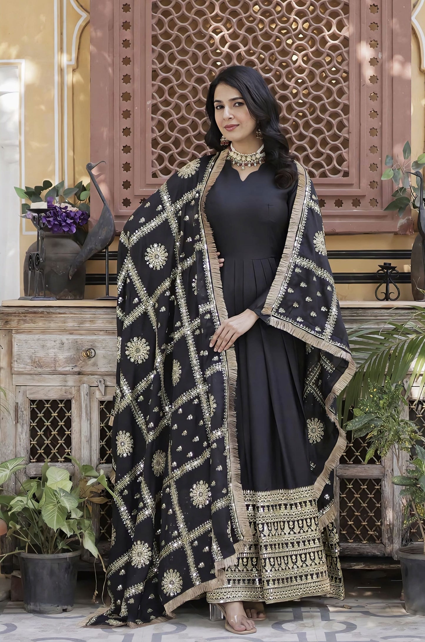 Black Georgette Gown with Gold Zari Mirror Work & Sequin Embroidery