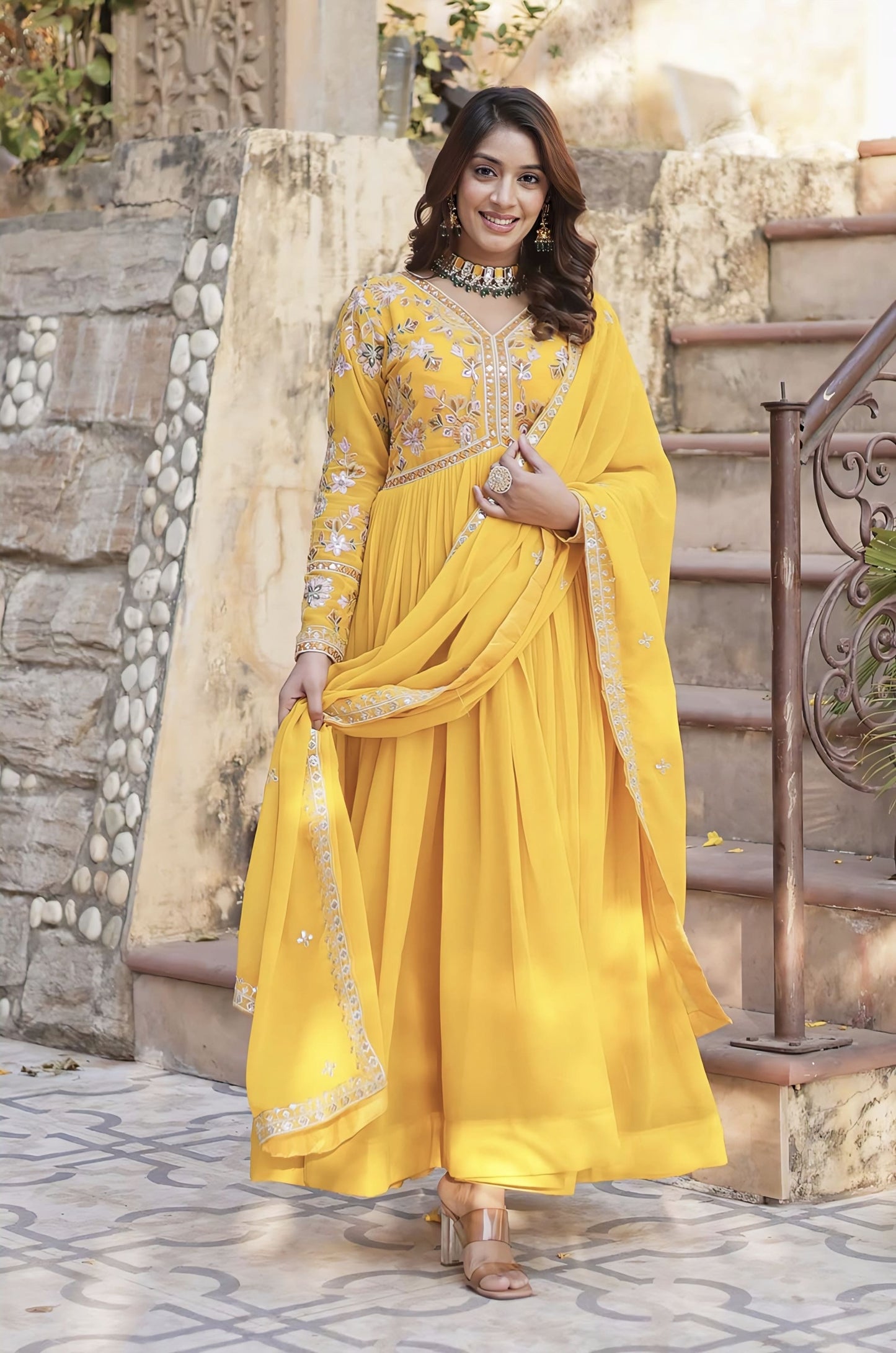 Yellow Faux Blooming Gown with Zari Sequin Embroidery & Designer Dupatta