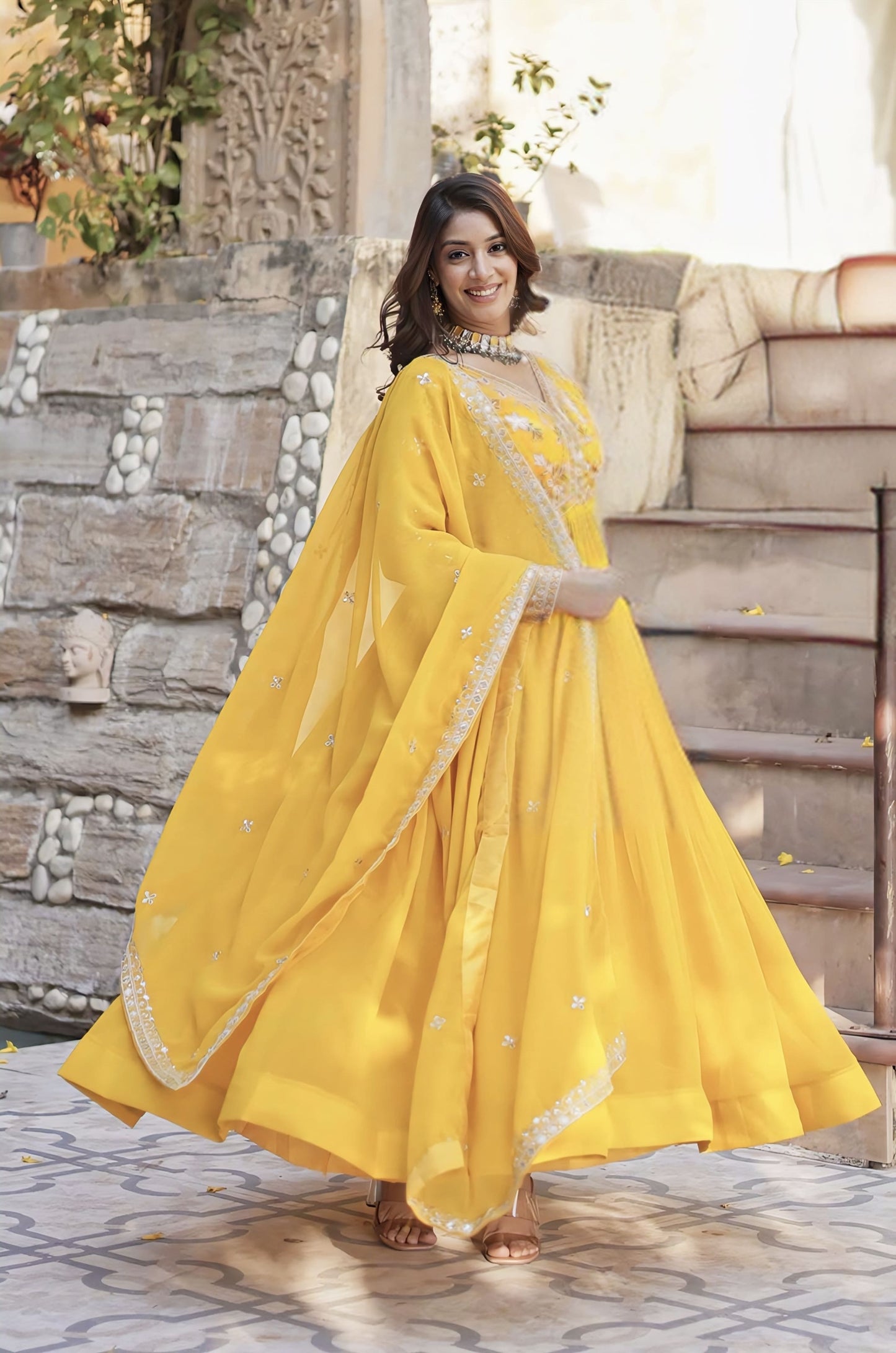 Yellow Faux Blooming Gown with Zari Sequin Embroidery & Designer Dupatta