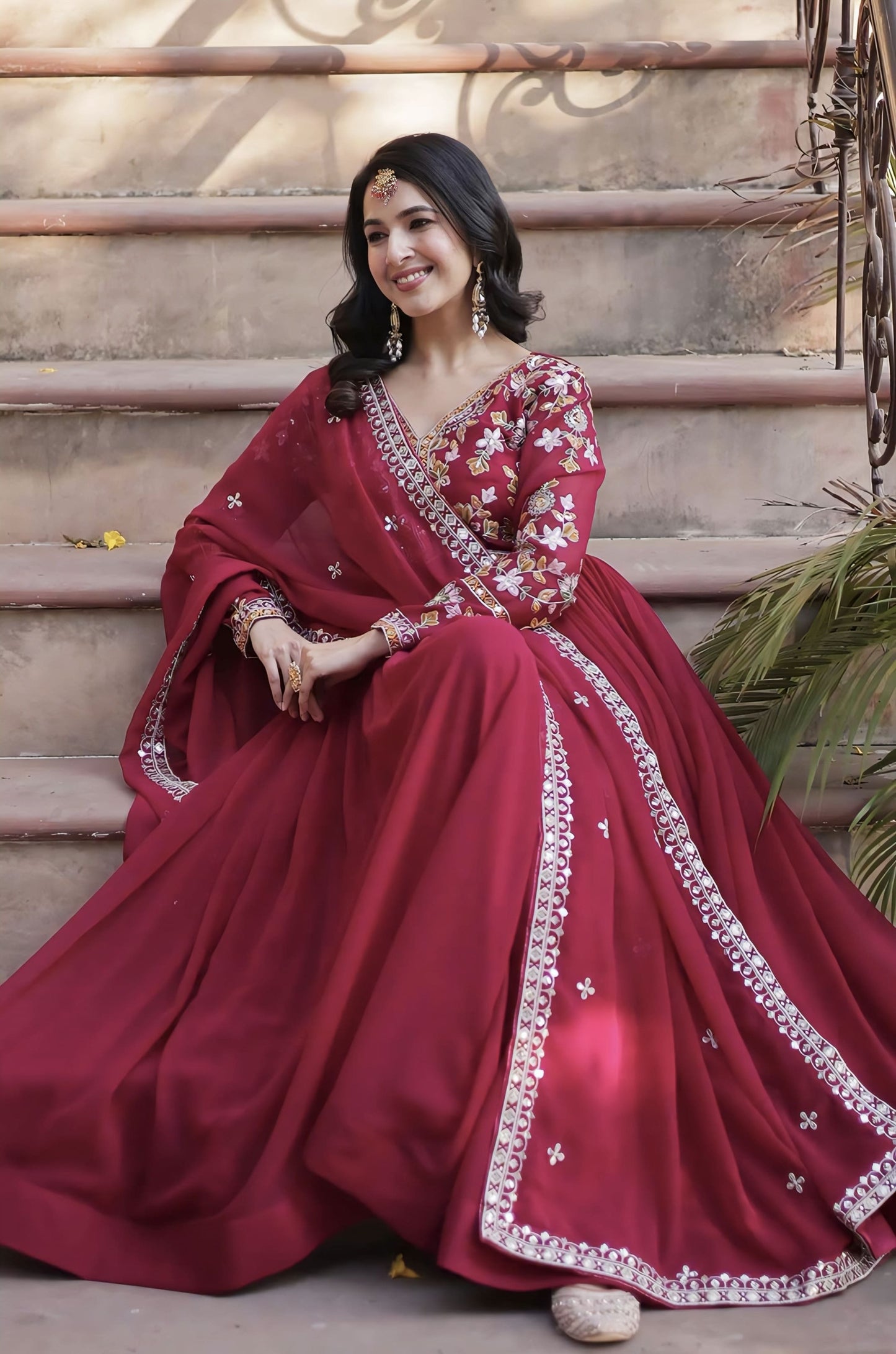 Pink Faux Blooming Gown Set with Zari Sequin Embroidery & Designer Dupatta