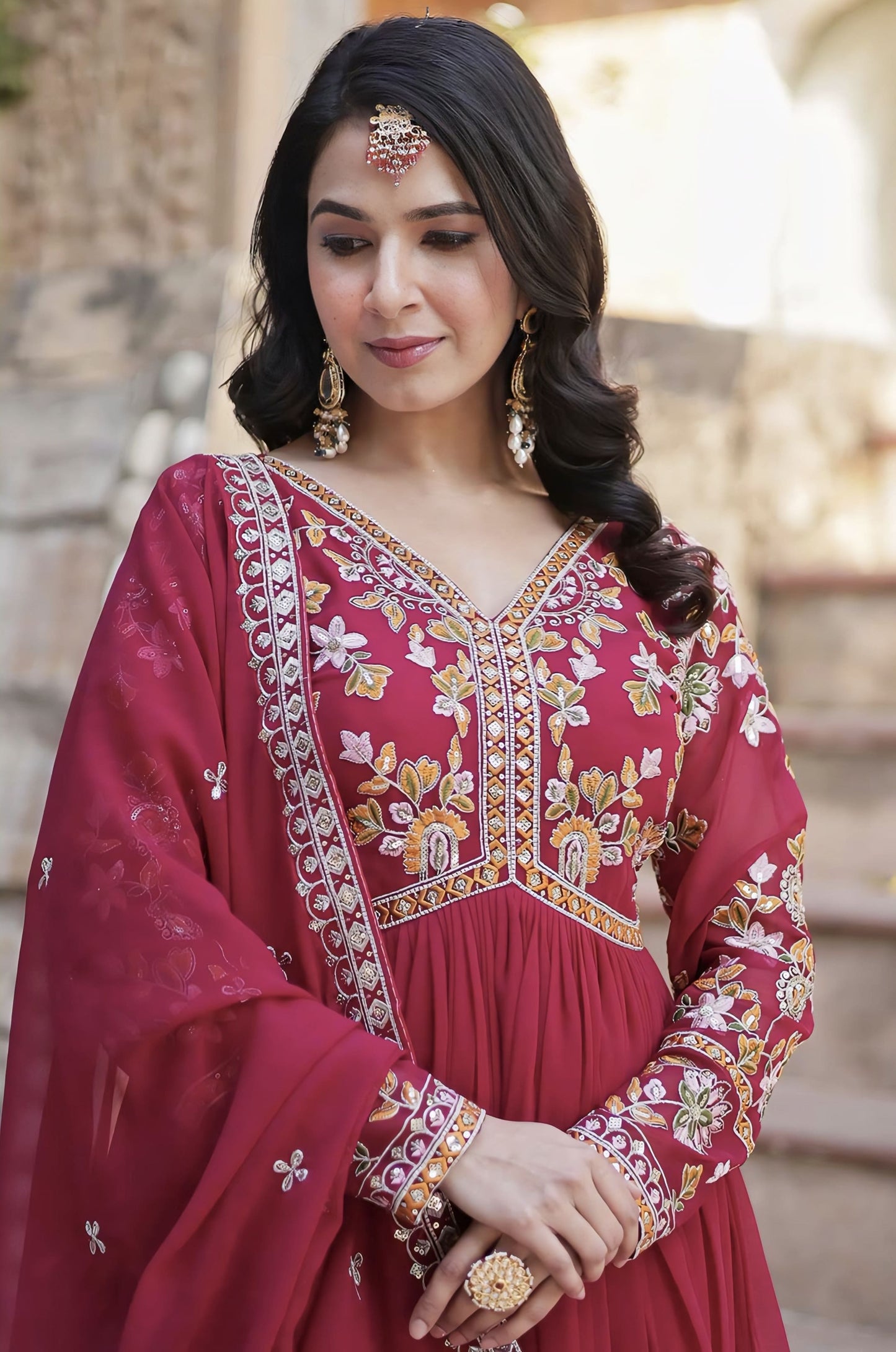 Pink Faux Blooming Gown Set with Zari Sequin Embroidery & Designer Dupatta