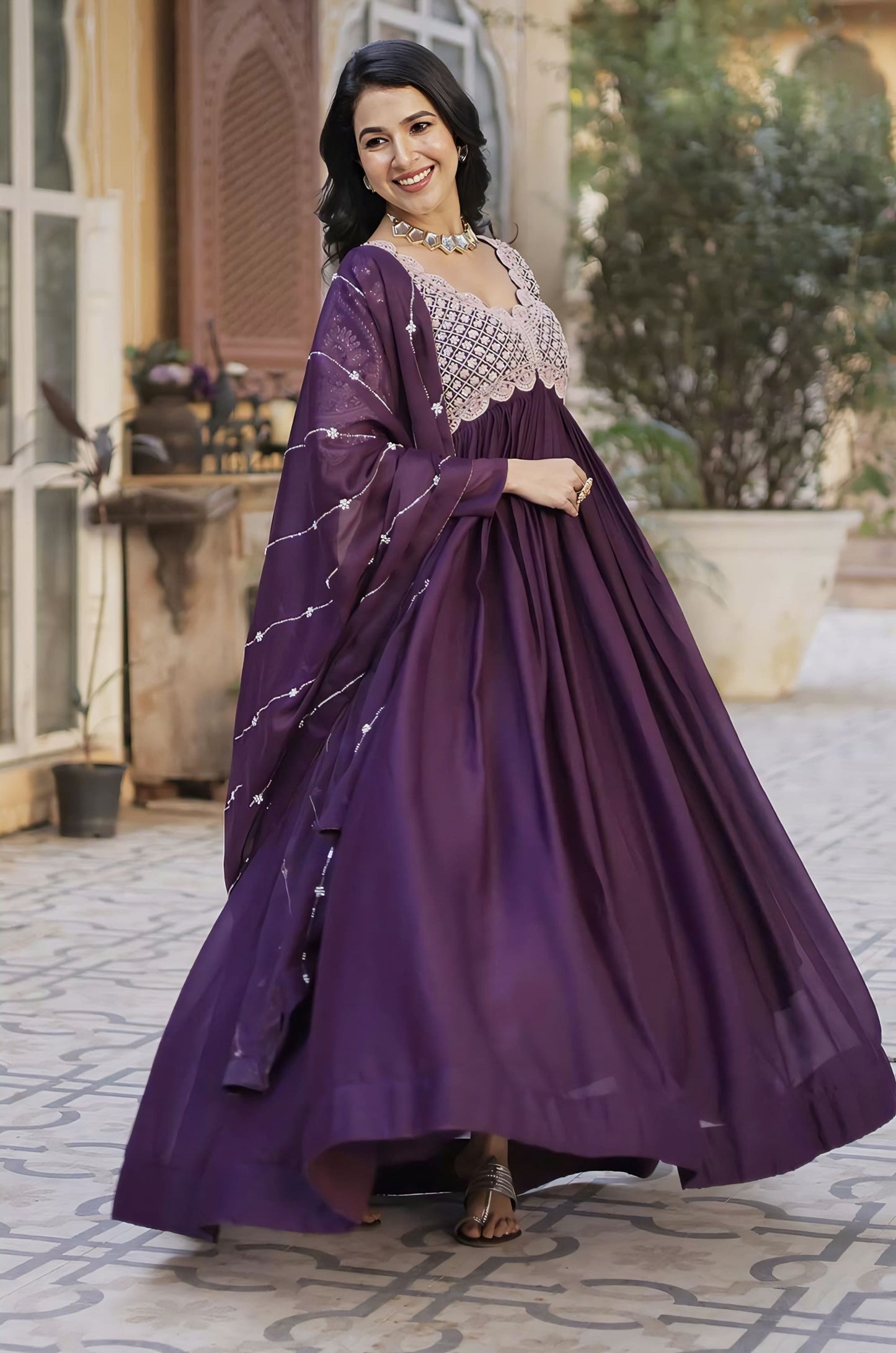 Wine star georgette gown with beads and sequins embroidery, fancy neck, full sleeves, and cotton lining for festive and wedding wear