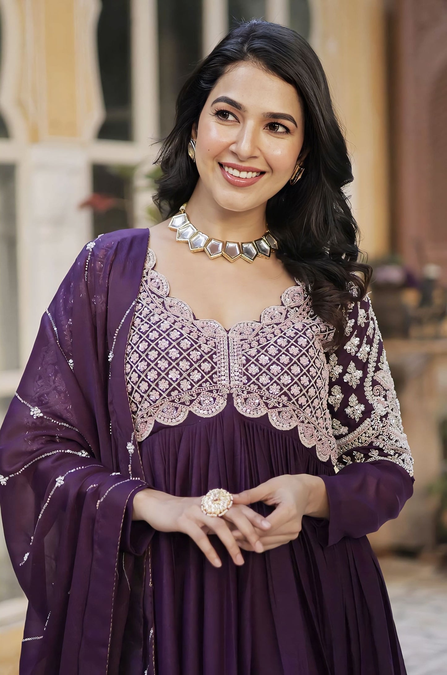 Wine Star Georgette Gown with Beads Sequins Embroidery & Fancy Neck