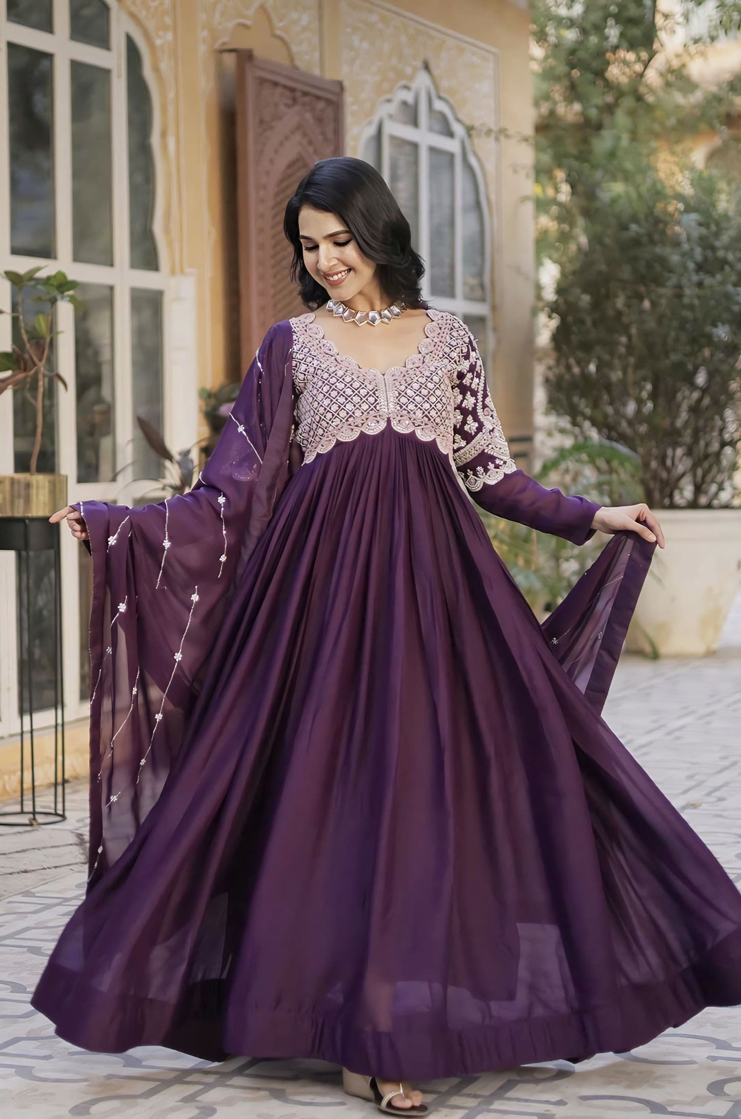 Wine Star Georgette Gown with Beads Sequins Embroidery & Fancy Neck