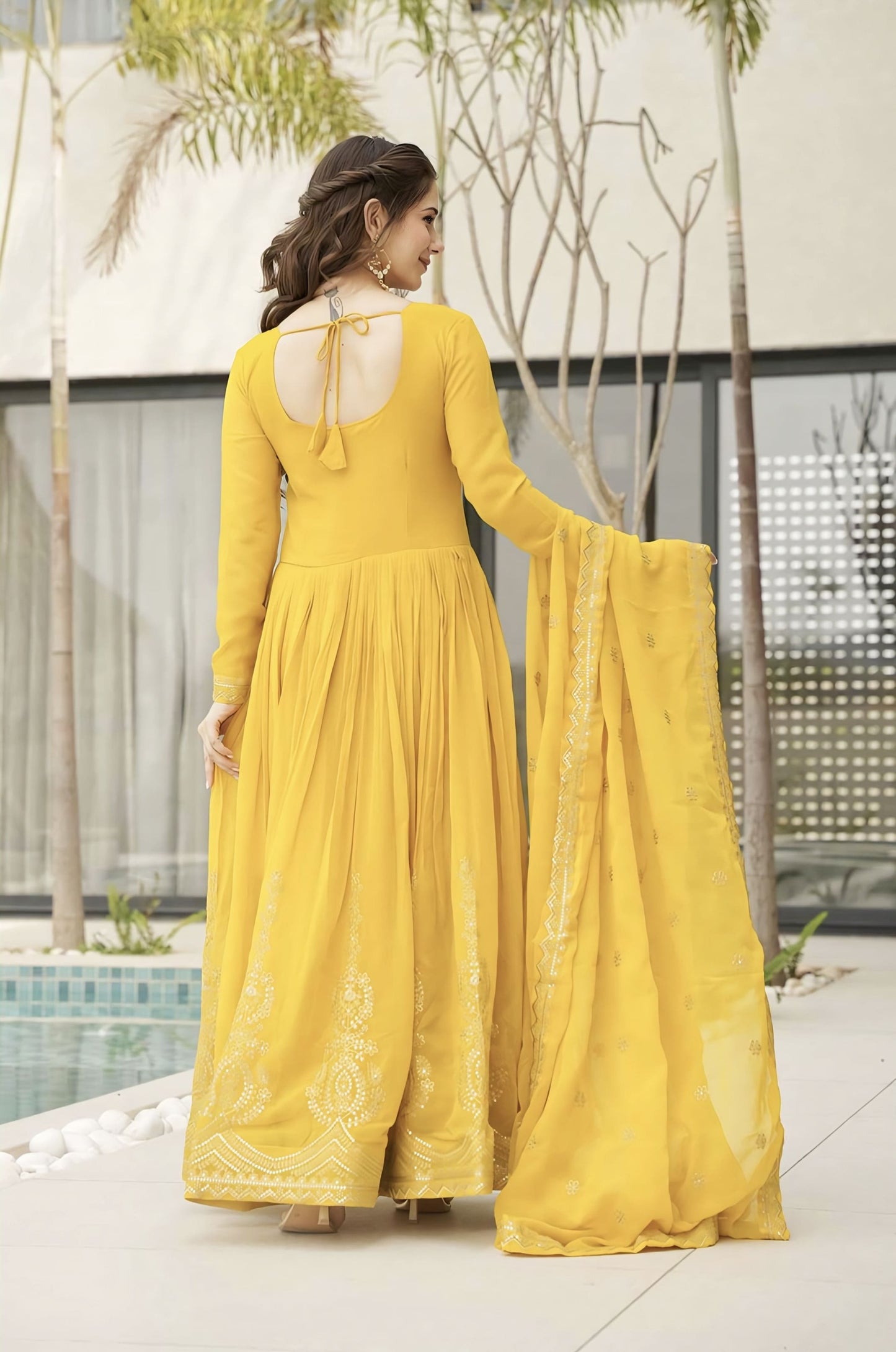 Yellow Faux Blooming Gown with Zari Sequin Embroidery & Designer Dupatta