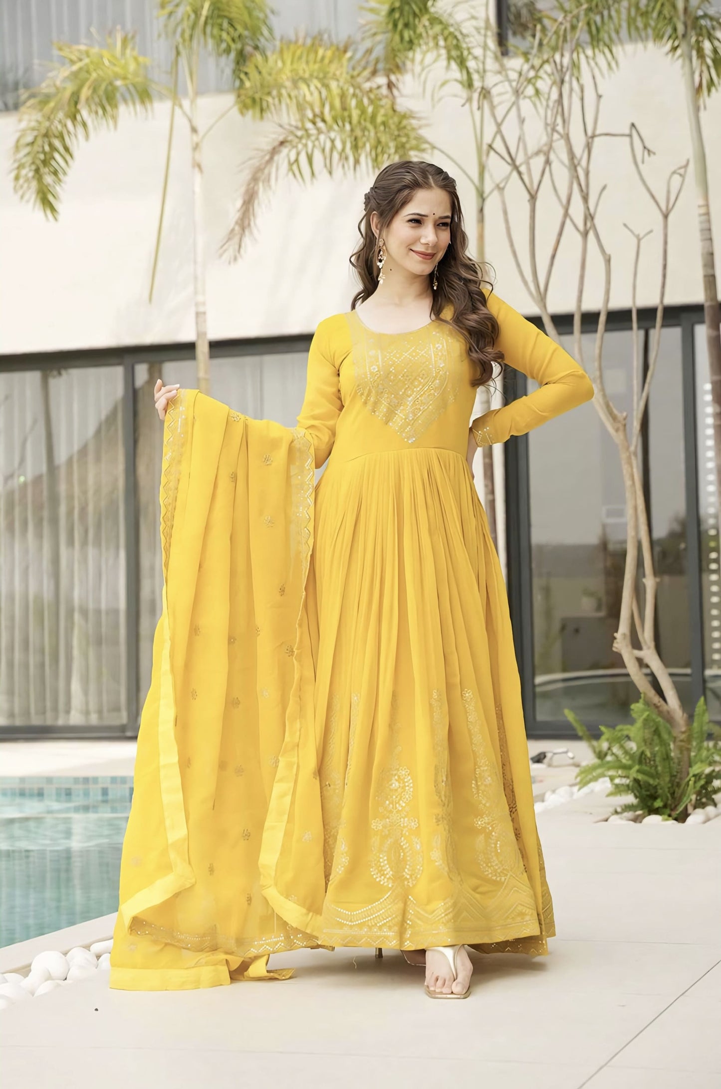 Yellow Faux Blooming Gown with Zari Sequin Embroidery & Designer Dupatta