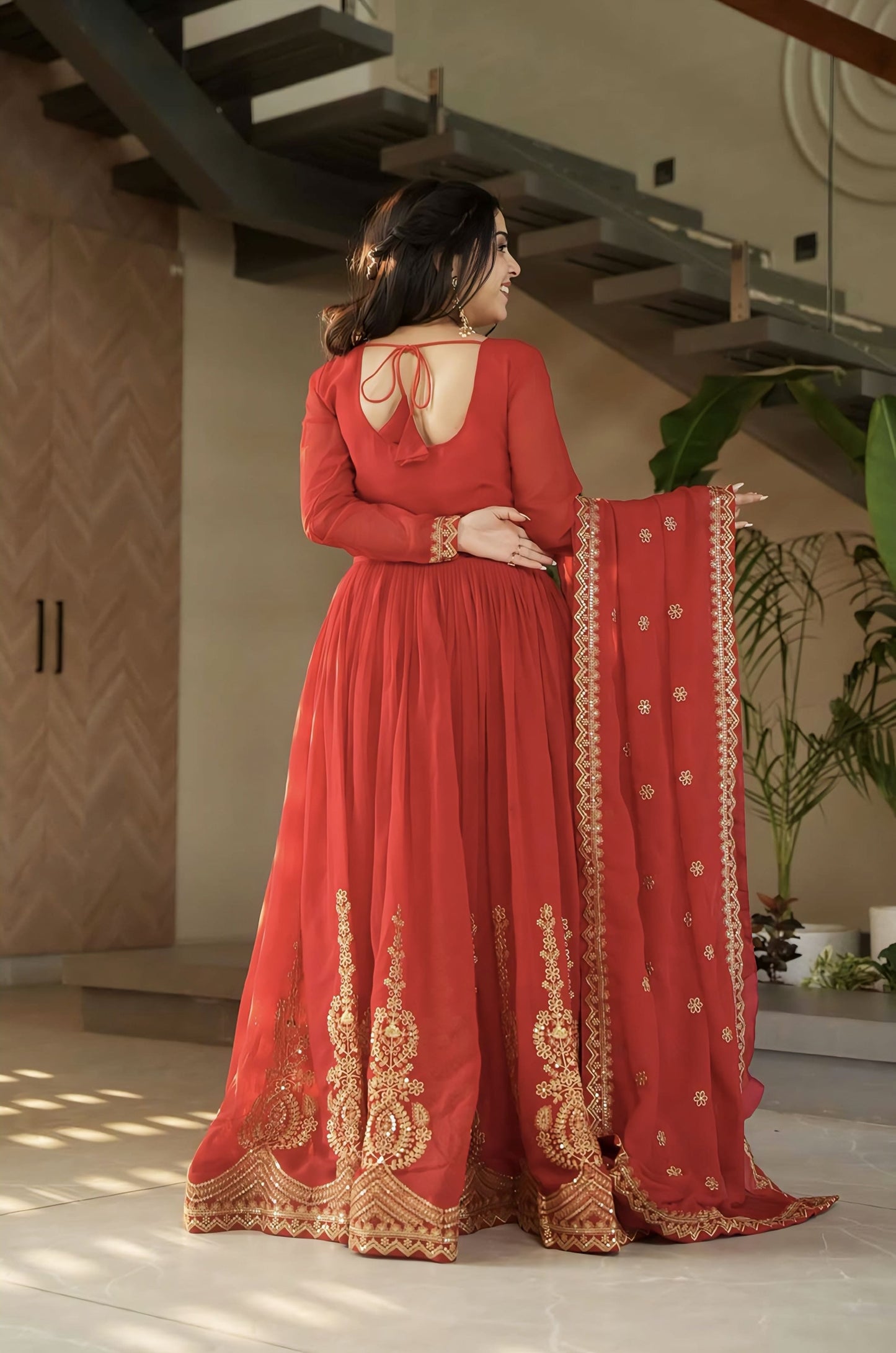 Red Faux Blooming Gown with Zari Sequin Embroidery & Designer Dupatta