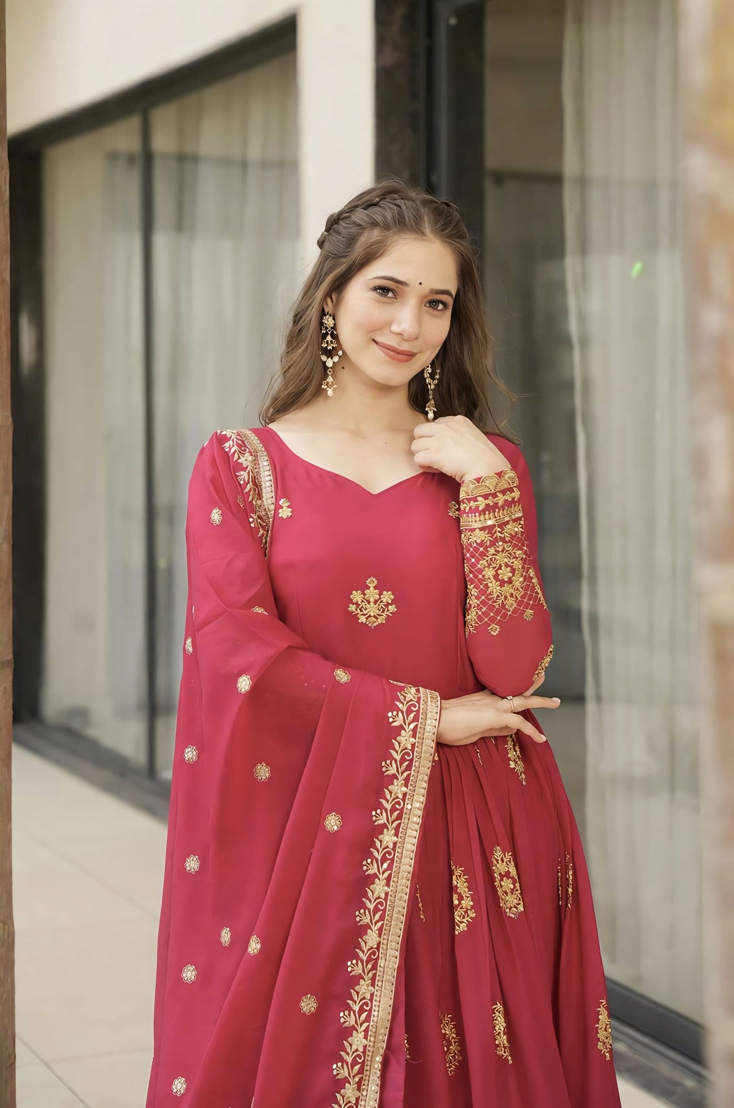 Pink Star Georgette Gown with Zari Sequin Embroidery & Designer Dupatta