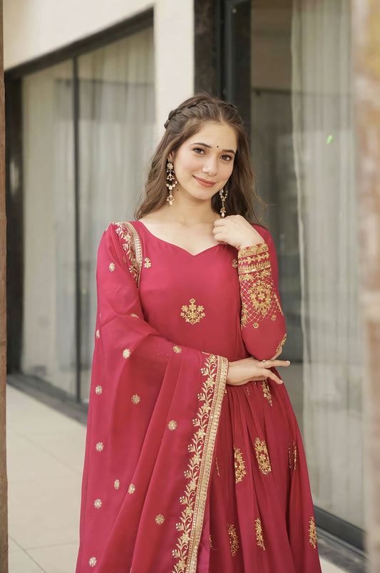 Pink Star Georgette Gown with Zari Sequin Embroidery & Designer Dupatta