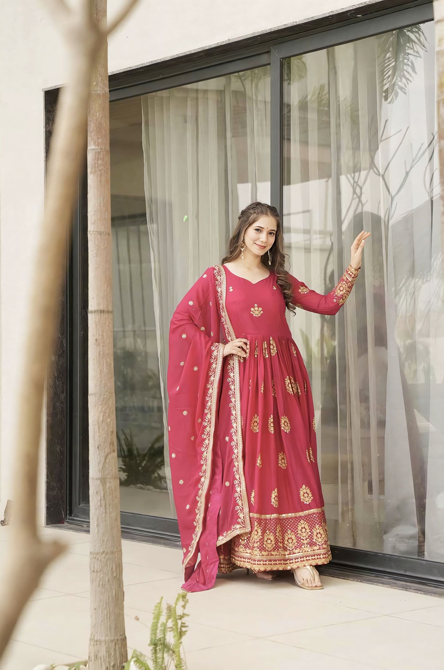 Pink Star Georgette Gown with Zari Sequin Embroidery & Designer Dupatta