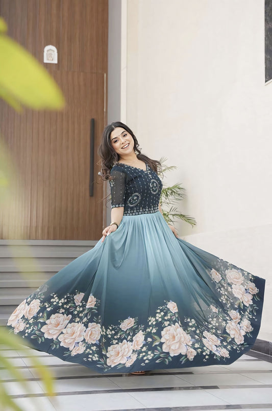 Rama faux blooming gown with beads embroidered bodice, floral digital print skirt, round neck, half sleeves, and cotton lining for festive and party wear