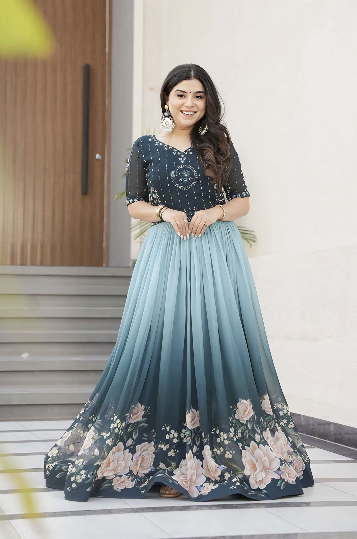 Rama Faux Blooming Gown with Beads Embroidery & Floral Digital Print