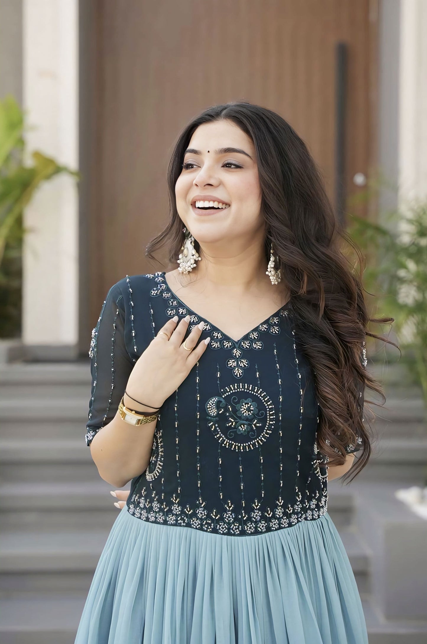 Rama Faux Blooming Gown with Beads Embroidery & Floral Digital Print