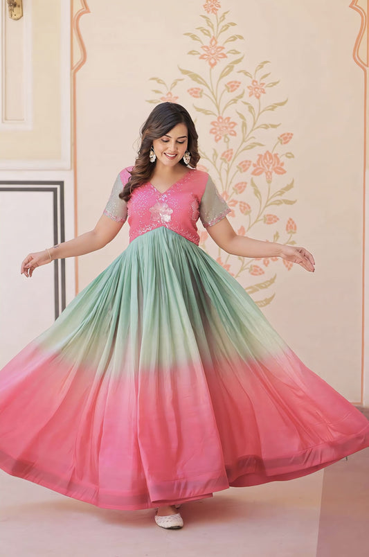 Pink gold crush gown with beads embroidered bodice, V-neck, half sleeves, cotton lining, and elegant festive design for wedding and party wear