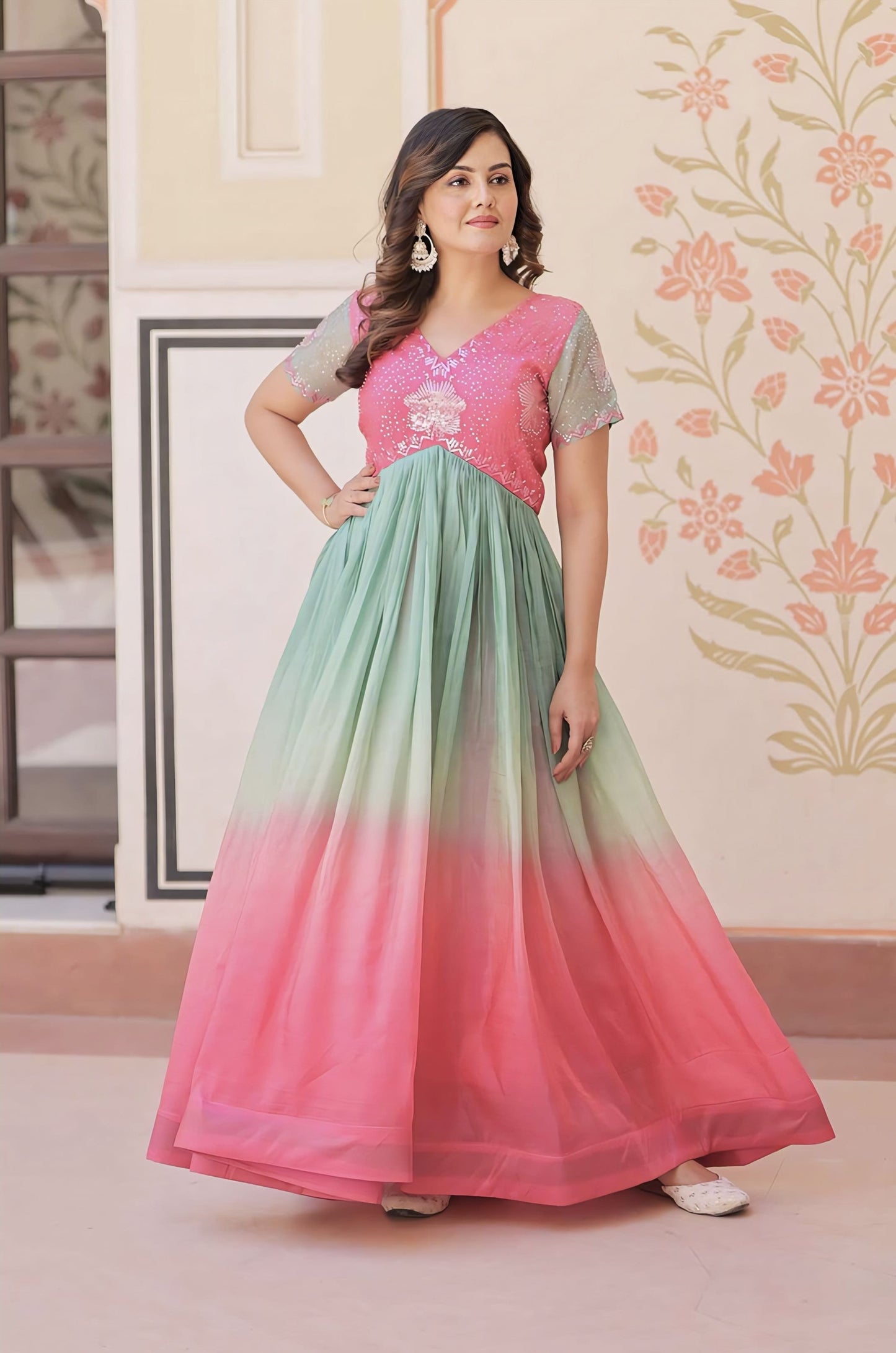Pink Gold Crush Gown with Beads Embroidery & Elegant V-Neck